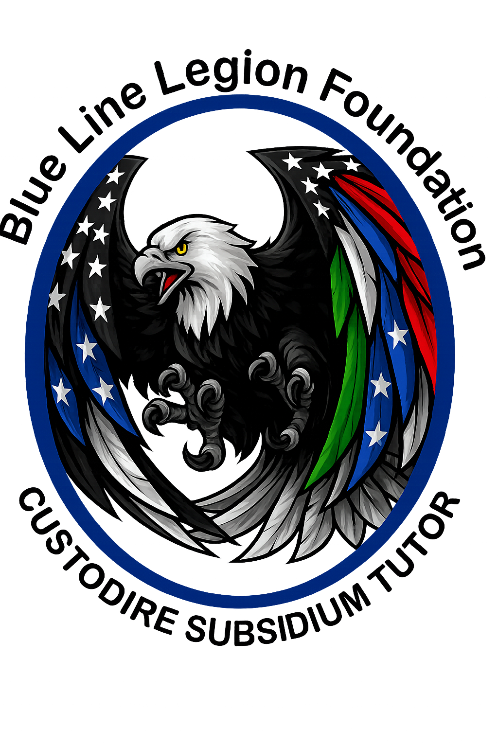 A stylized emblem of a bald eagle with a fierce expression, surrounded by a circular border. The eagle's head is white with a yellow eye and an open beak. Its wings are decorated with stars and stripes in red, white, blue, and green colors. The background features a dark gradient with subtle lighting effects.