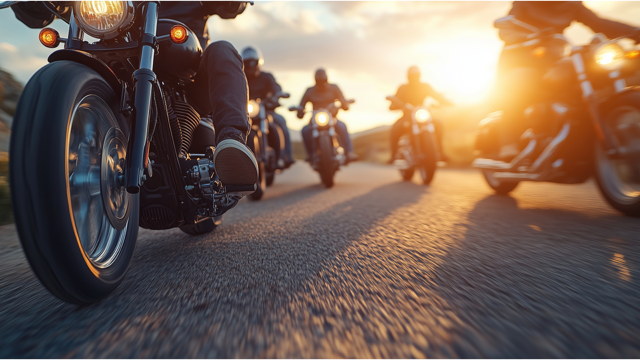 Group of motorcyclists riding on an open road during sunset.