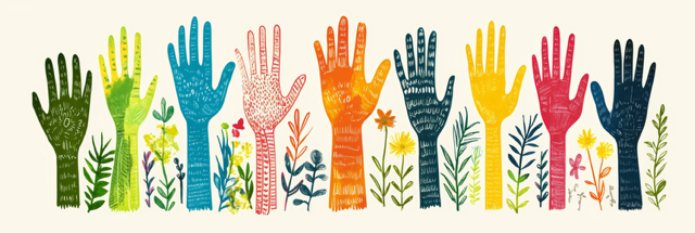A row of colorful illustrated hands with plants and flowers growing around and between them.