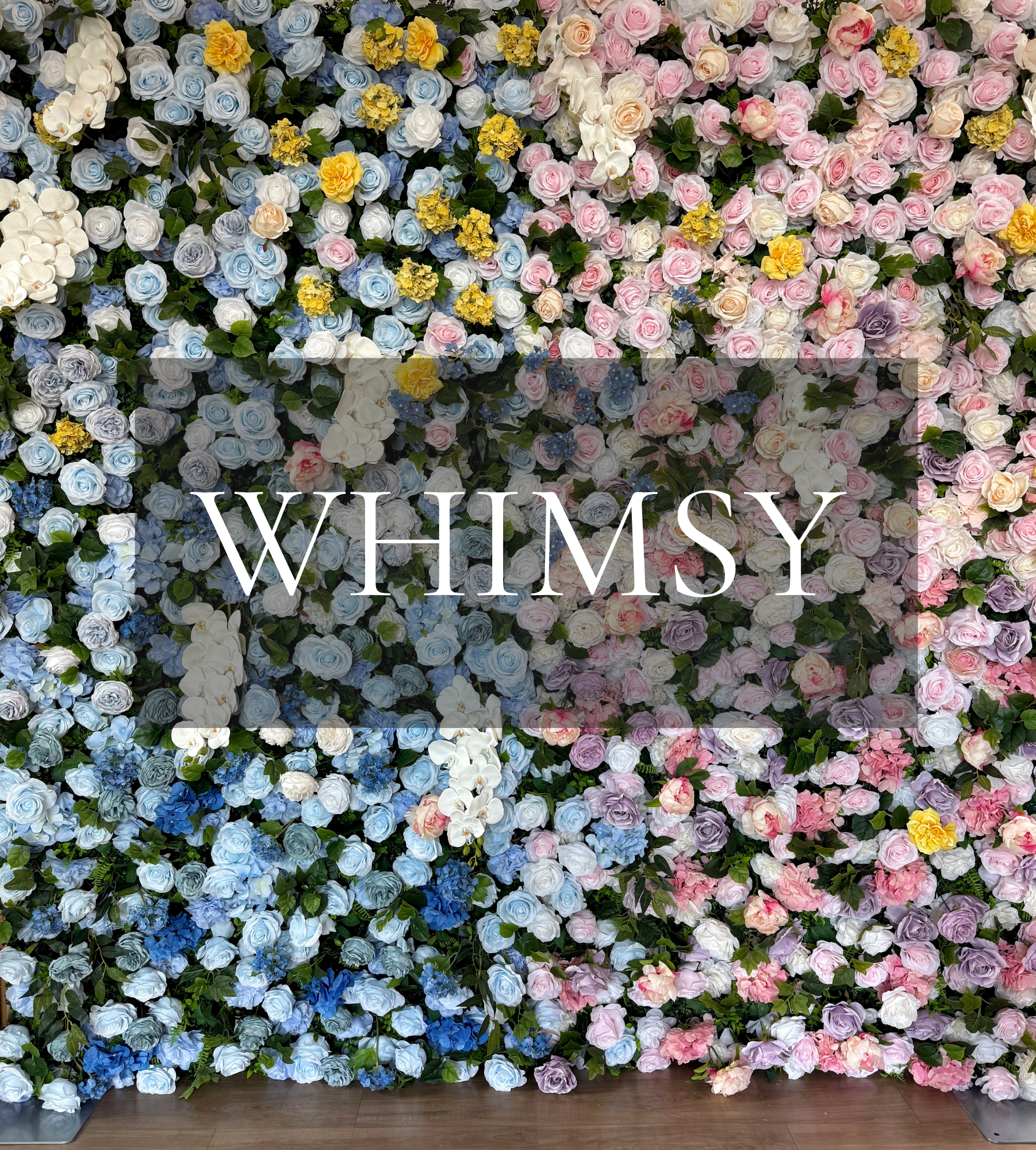 Blue hydrangeas, lavender and blush roses, white orchids, golden blooms, lush greenery.