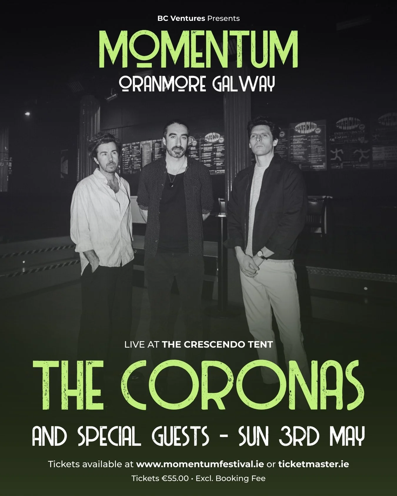 Event poster for a live music performance featuring The Coronas at The Crescendo Tent, with support from Oranmore Galway. Includes a black and white photo of three men standing in front of a menu board, with event details and ticket information at the bottom.