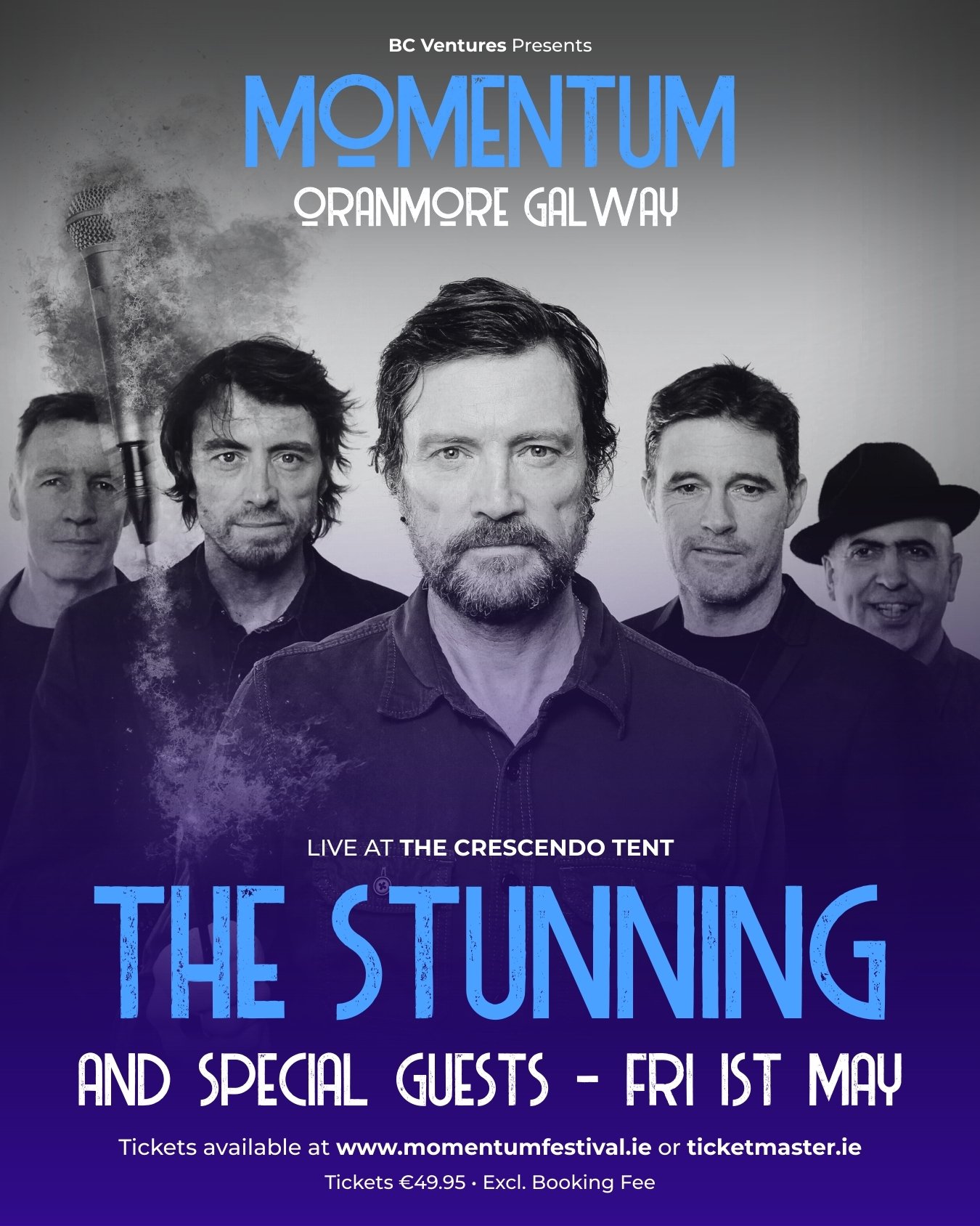 Event poster promoting a live music performance by The Stunning and special guests at The Crescendo Tent. Features five men, with the central figure having a beard and dark hair, and the others with various hairstyles and clothing. A microphone with dust or smoke effects is seen on the left side.