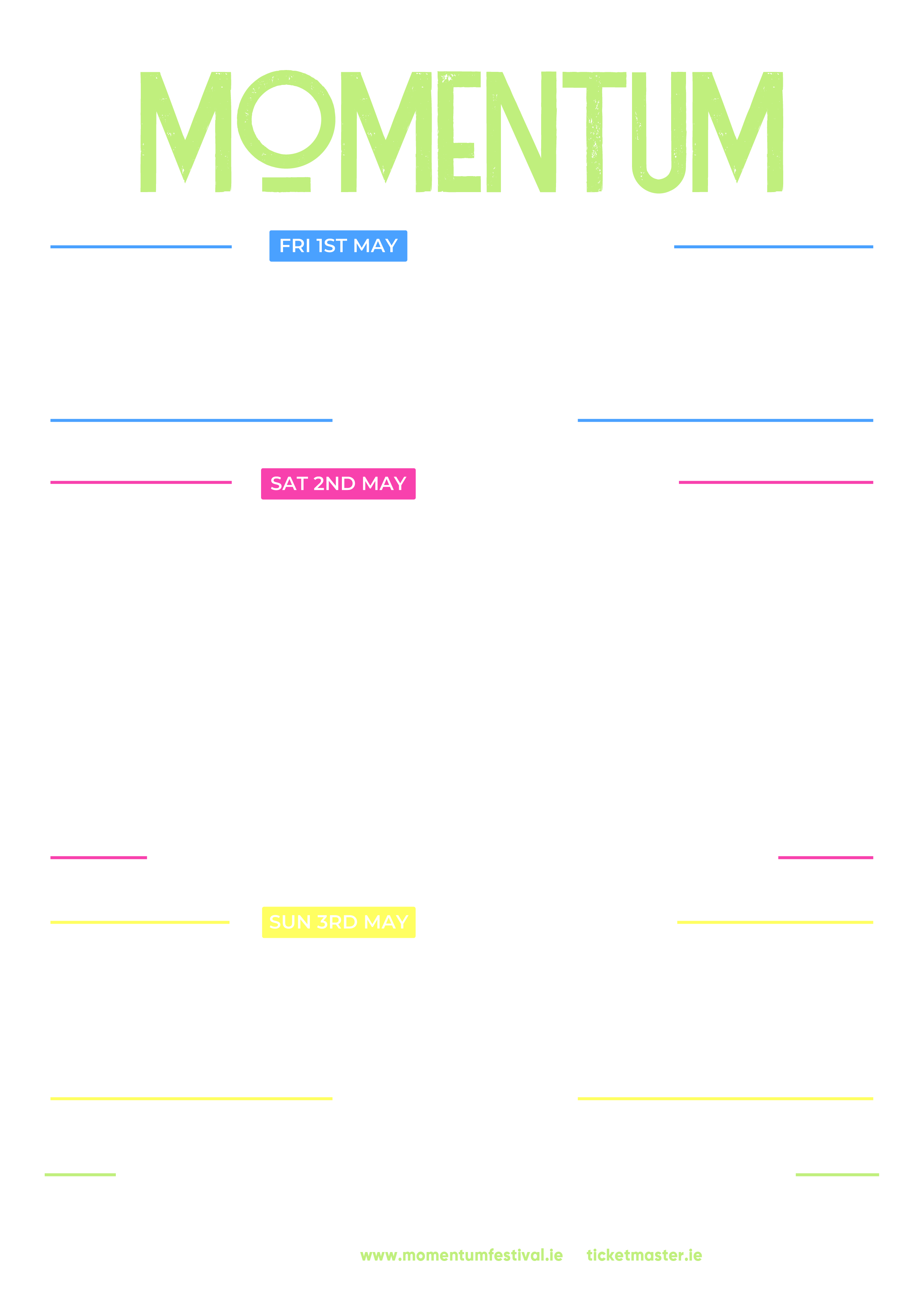 Festival poster for Momentum 2026 in Oranmore, Ireland, listing performances by The Stunning, Big Day Out, B*Witched, D*Dream, Mark McCabe, and The Coronas at The Crescendo Tent, with dates May 1st, 2nd, and 3rd, and ticket information at www.momentumfestival.ie and ticketmaster.ie.
