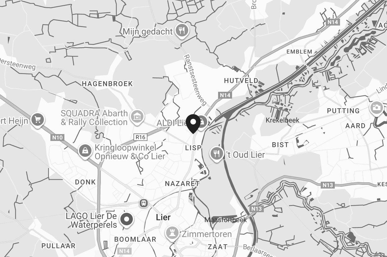 Kaart van Lier in België met locaties zoals LAGO Lier De Waterperels, 't Oud Lier, SQADRA Abarth & Rally Collection en restaurants.