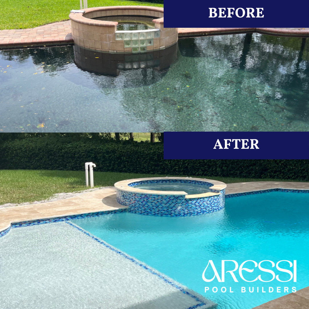 Comparison of a backyard pool before and after renovation. The top image shows a pool with dirty, algae-covered water and an old brick edge, labeled 'BEFORE'. The bottom image shows the same pool transformed with clean, blue water, new tile work, and a modern appearance, labeled 'AFTER'.