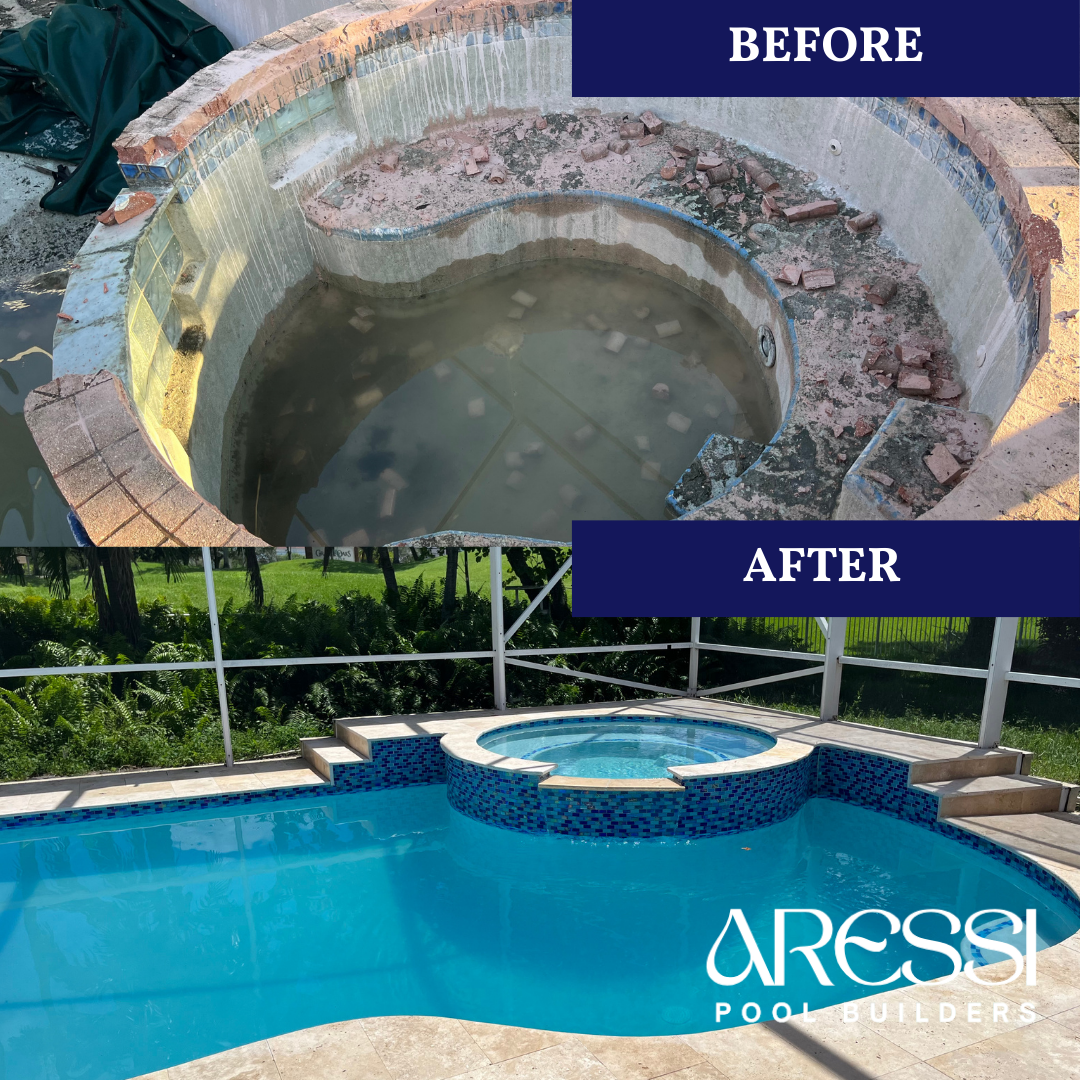 Comparison of a dirty, damaged pool before renovation and a clean, finished pool after renovation with a hot tub and patterned tile accents.