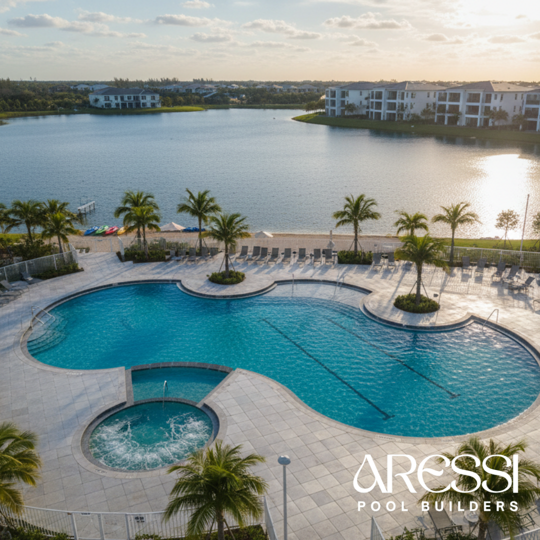 Aerial view of a swimming pool with a hot tub, surrounded by palm trees and lounge chairs, overlooking a lake with residential buildings in the background during sunset.