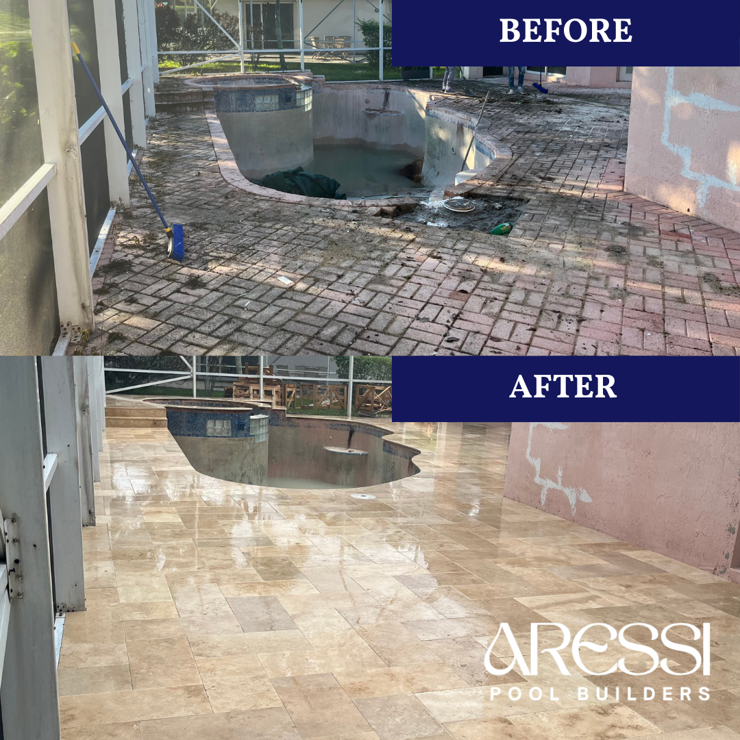 Side-by-side comparison photo showing a pool area before and after renovation. The 'Before' image shows an empty, dirty, and damaged pool surrounded by worn brick pavers. The 'After' image displays the same pool area with a clean, newly tiled, and polished floor, enhancing the overall appearance.