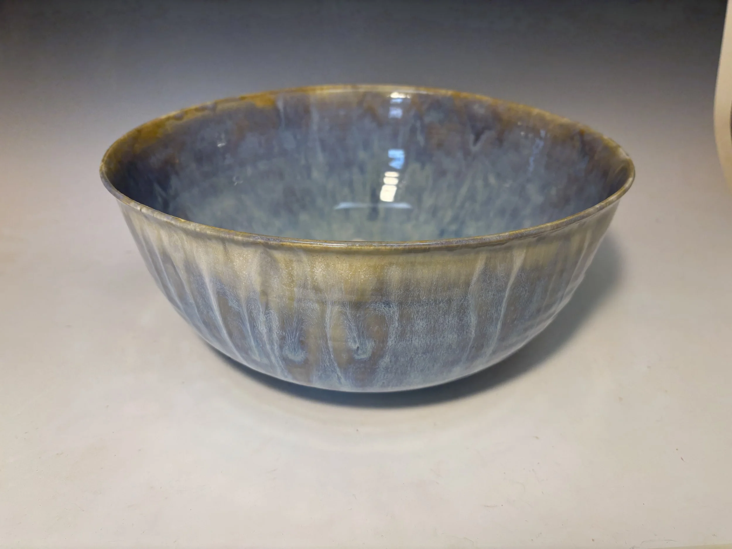 Big bowl! Love this nearly lavender shimmer.  14" wide, 6ish high.