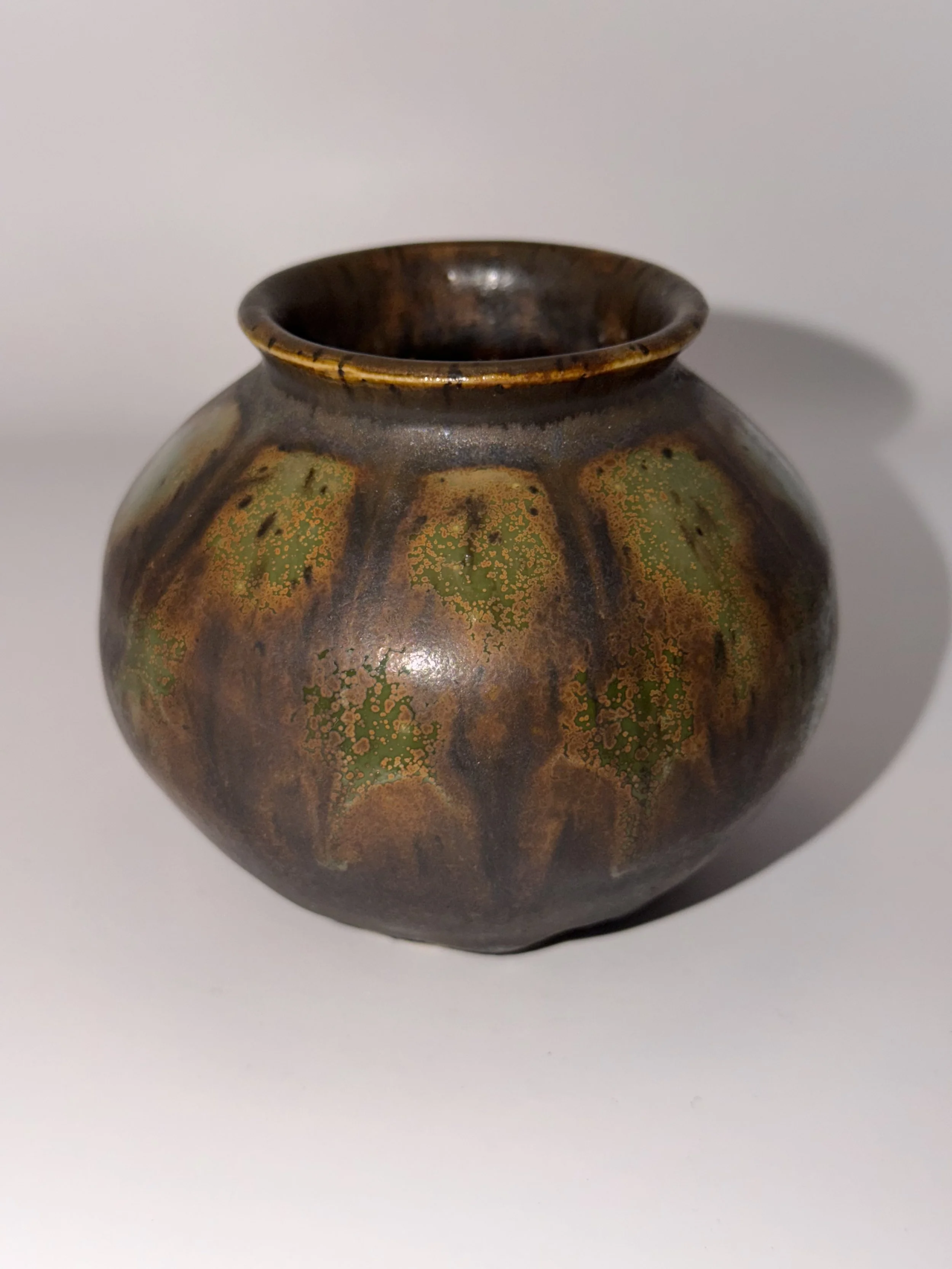 New glaze combo!  The green shimmers against the matte walnut brown!