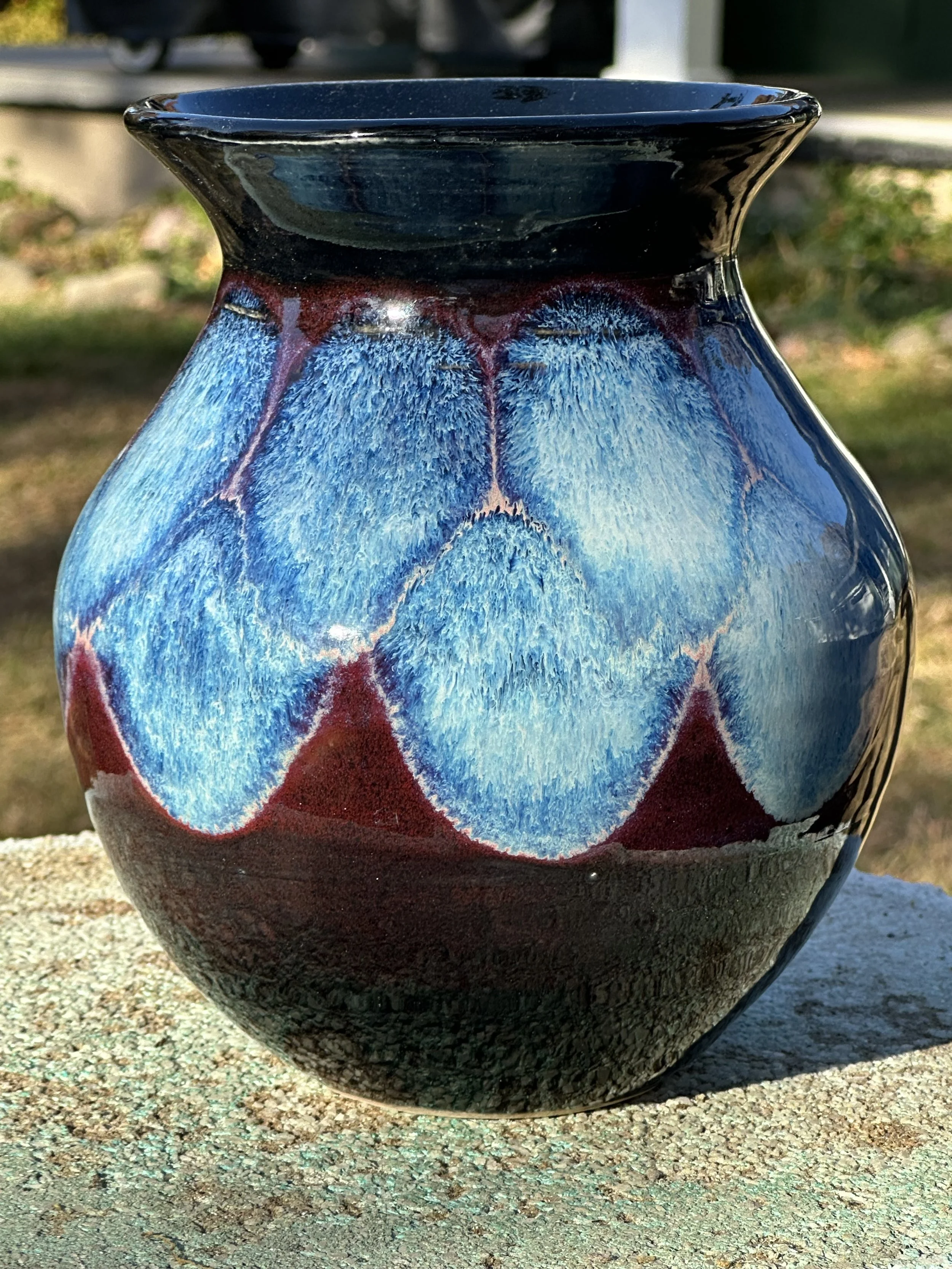 This glaze technique was developed by Kathy McGuire.  Very cool, with undertones of pink here.  Large vase - 10" high by 6"ish.