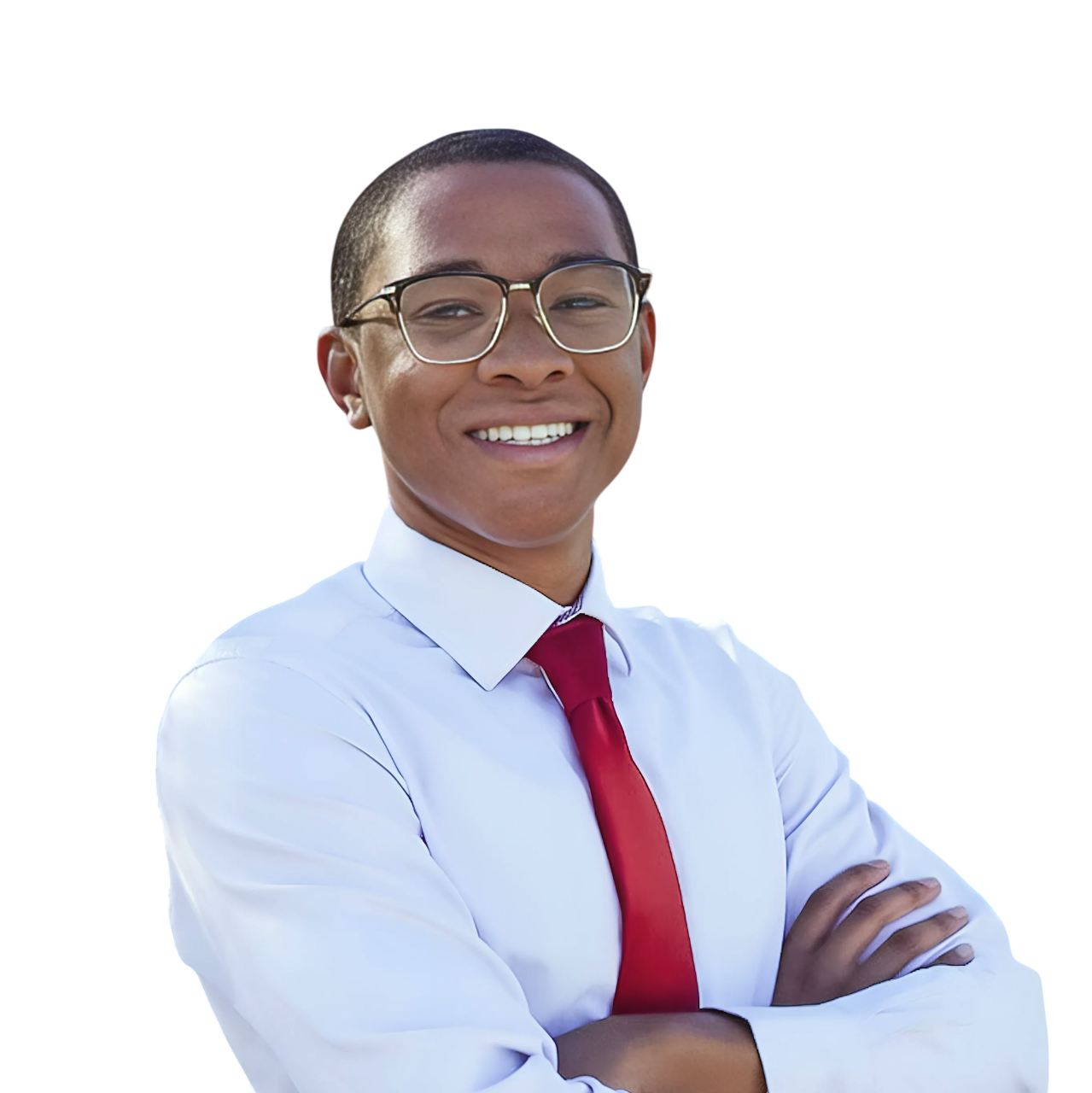 Smiling young man wearing glasses, white dress shirt, and red tie with arms crossed.