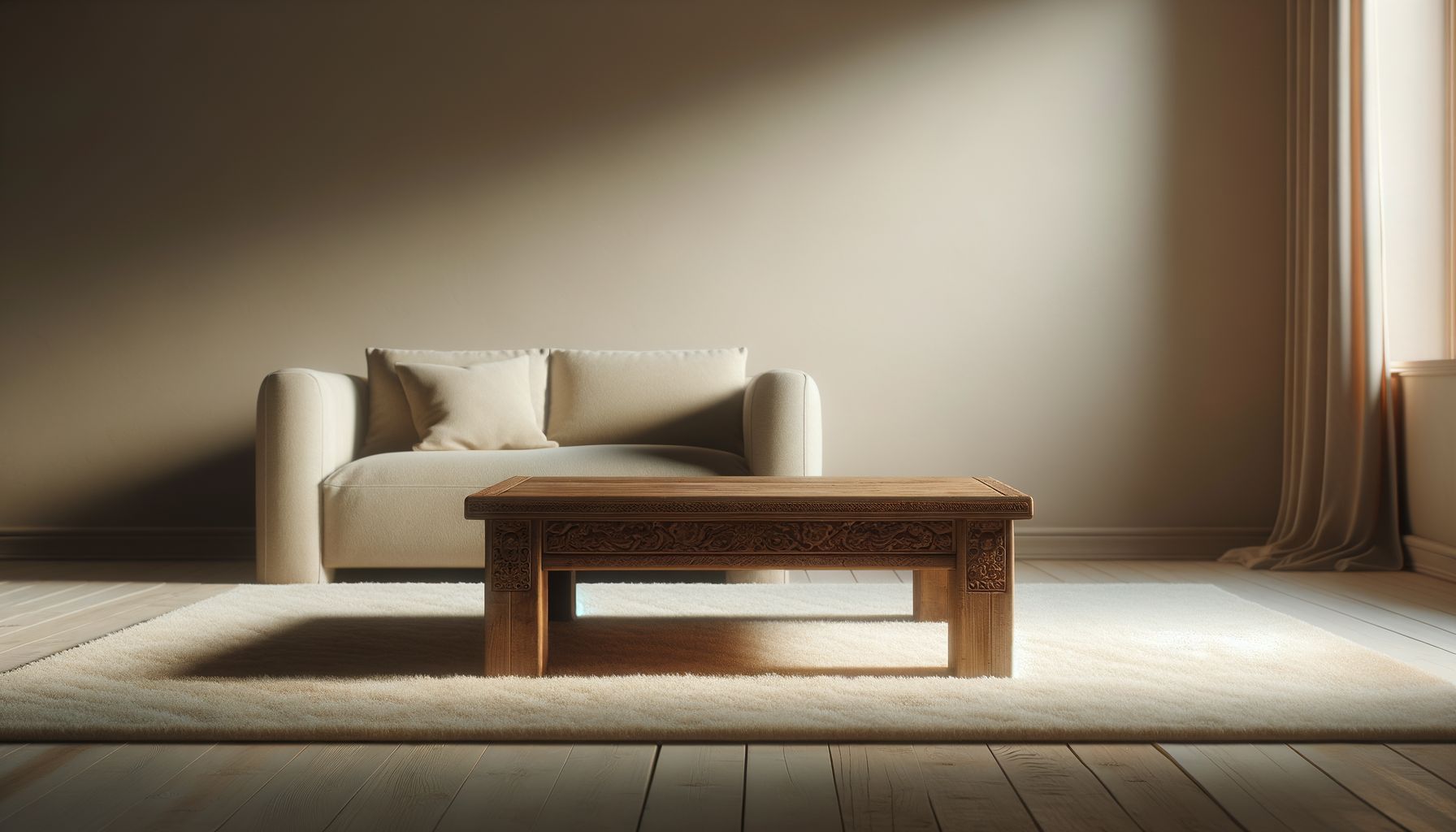 Minimalist living room with a beige sofa, a wooden coffee table, a cream-colored rug, and beige curtains.