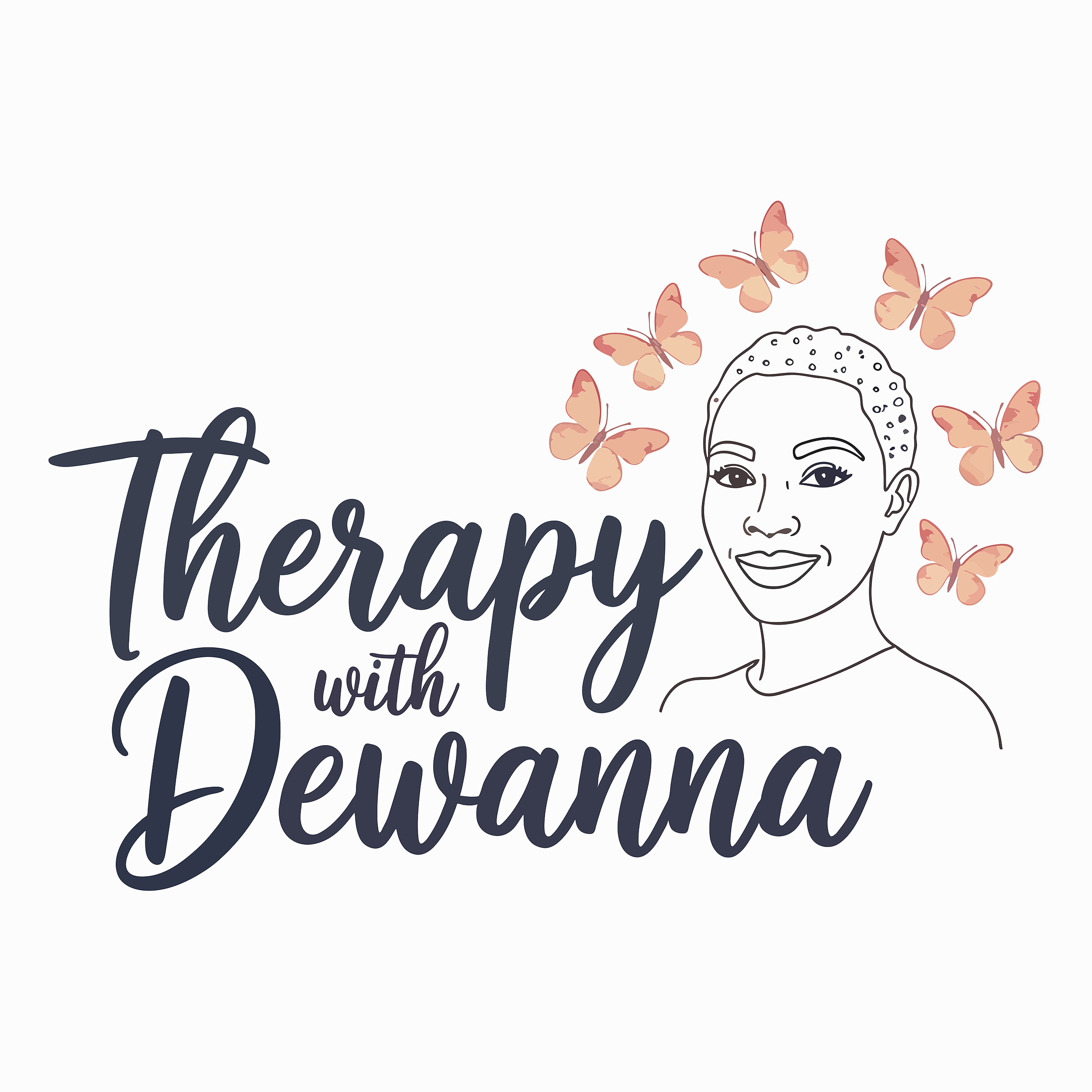 Line drawing of a woman with short hair, surrounded by pink butterflies, with the text 'Therapy with Dewanna' in cursive font.