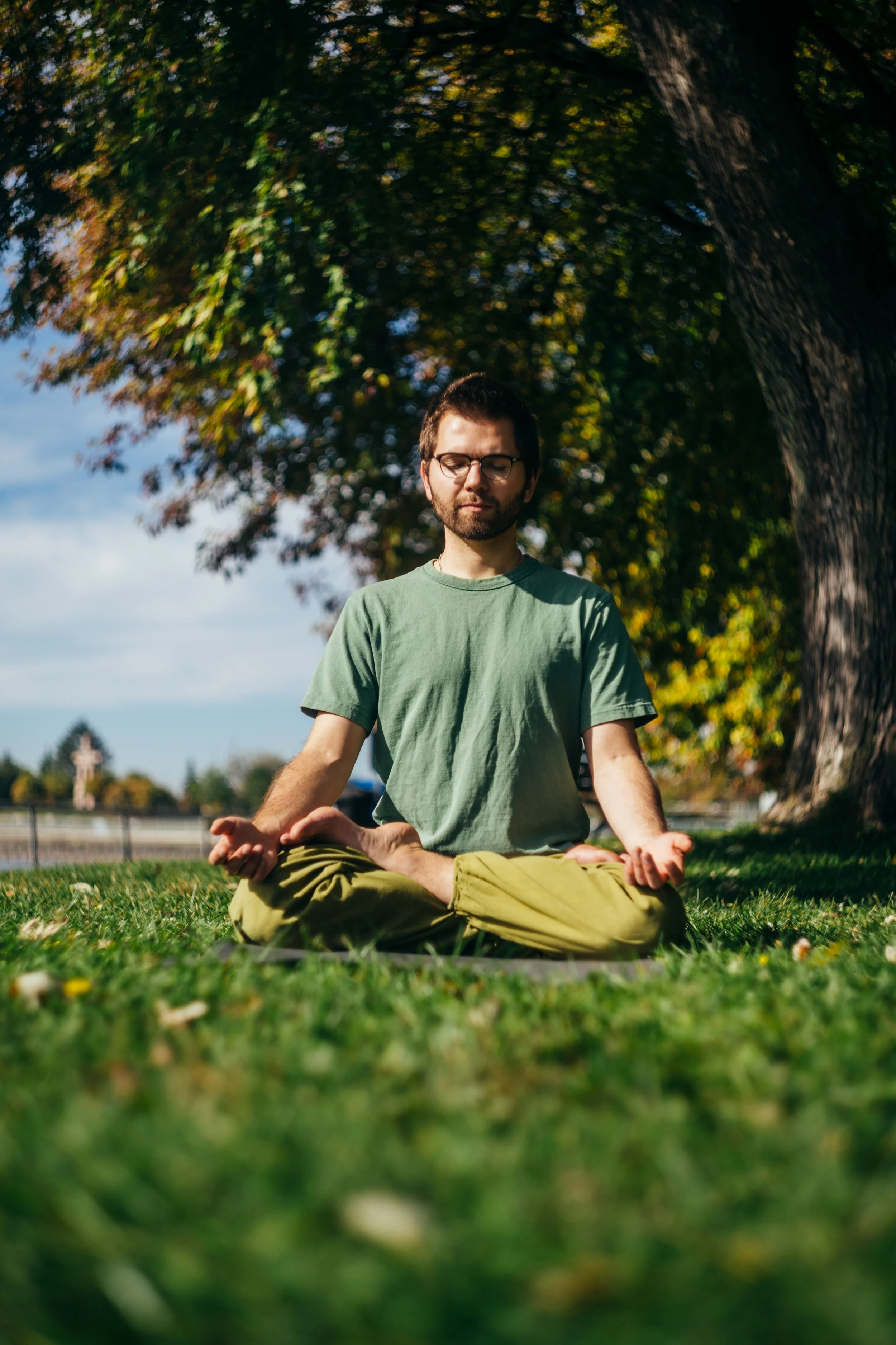 A man practicing yoga outdoors under a large tree, sitting cross-legged on the grass with eyes closed in a meditative pose.