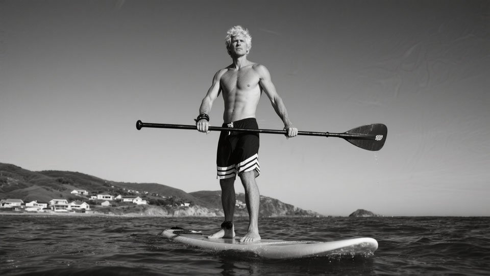 Man standing on a paddle board.