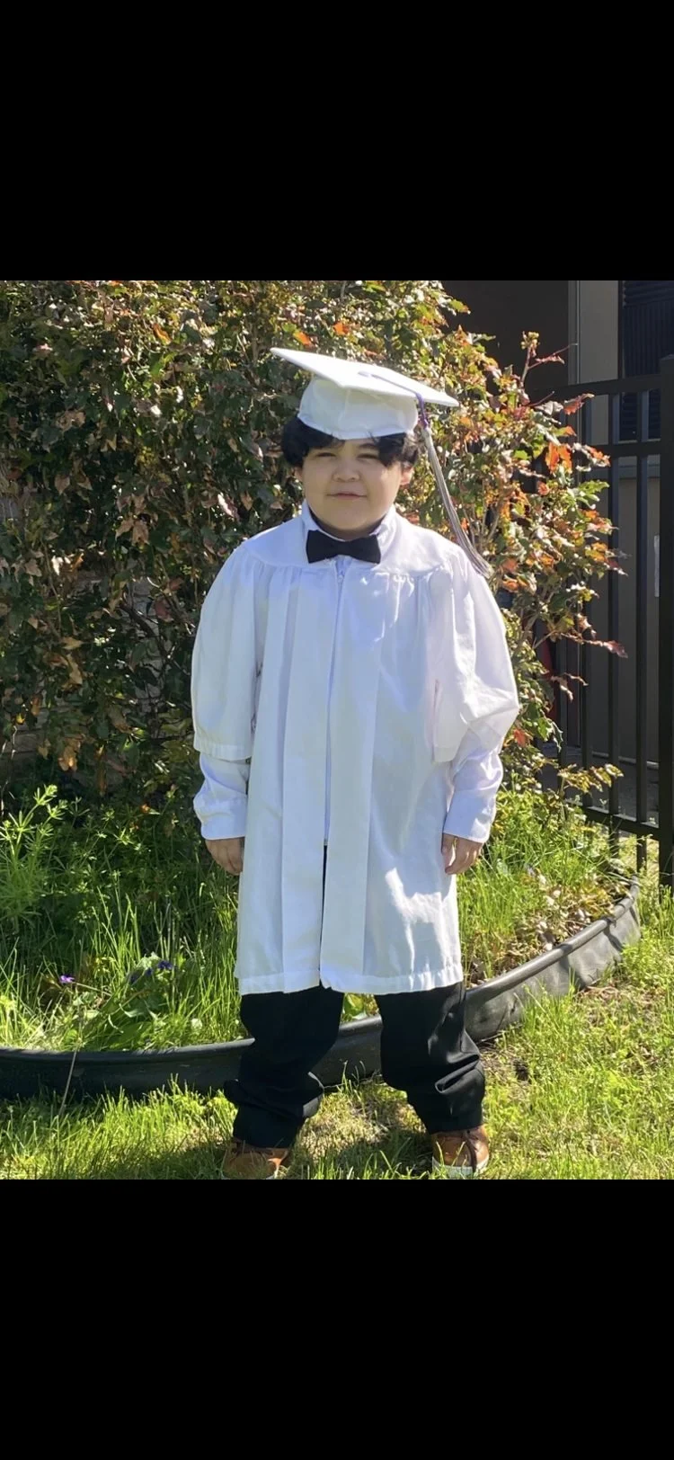 Young boy in a graduation cap and gown standing outdoors among bushes and grass.