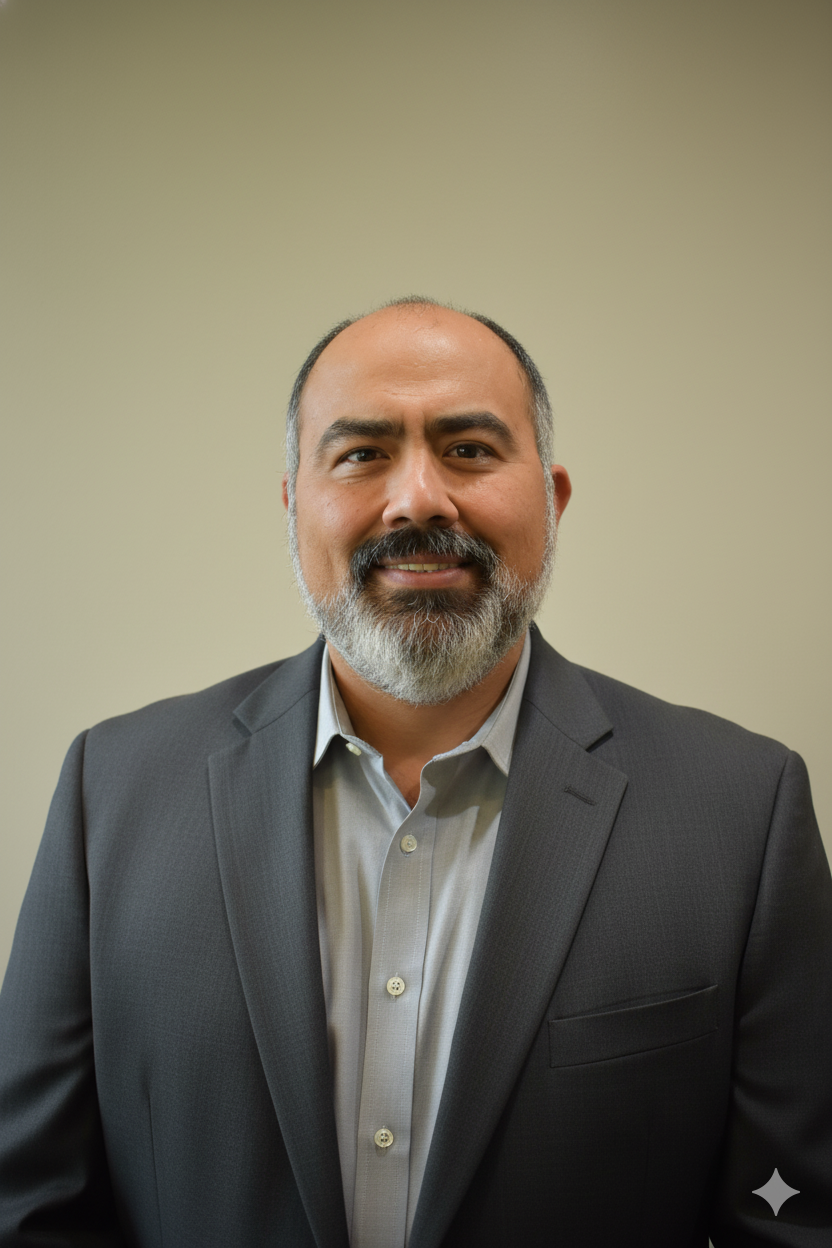 A middle-aged man with a beard and receding hairline, wearing a gray suit jacket and a light-colored button-up shirt, smiling at the camera against a plain beige background.