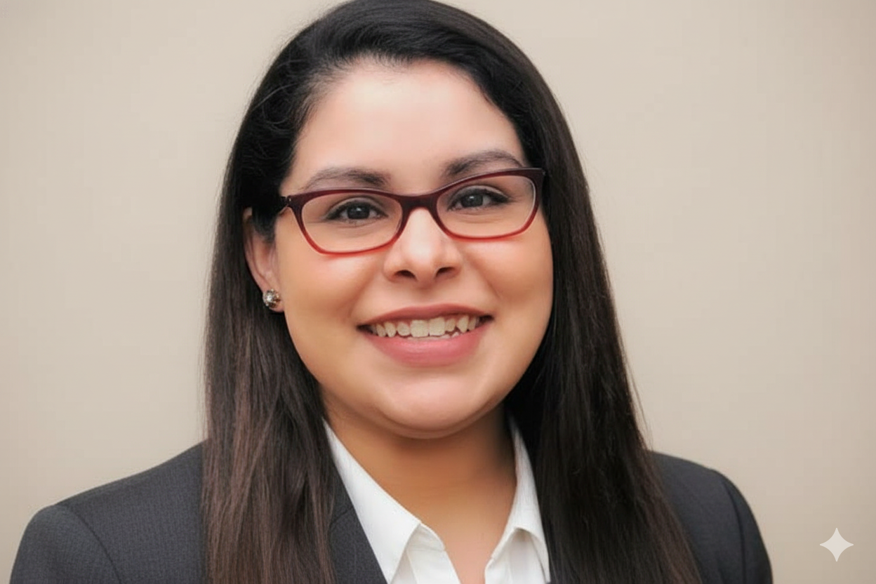 A woman with long dark hair wearing glasses, a white collared shirt, and a black blazer smiling against a plain background.