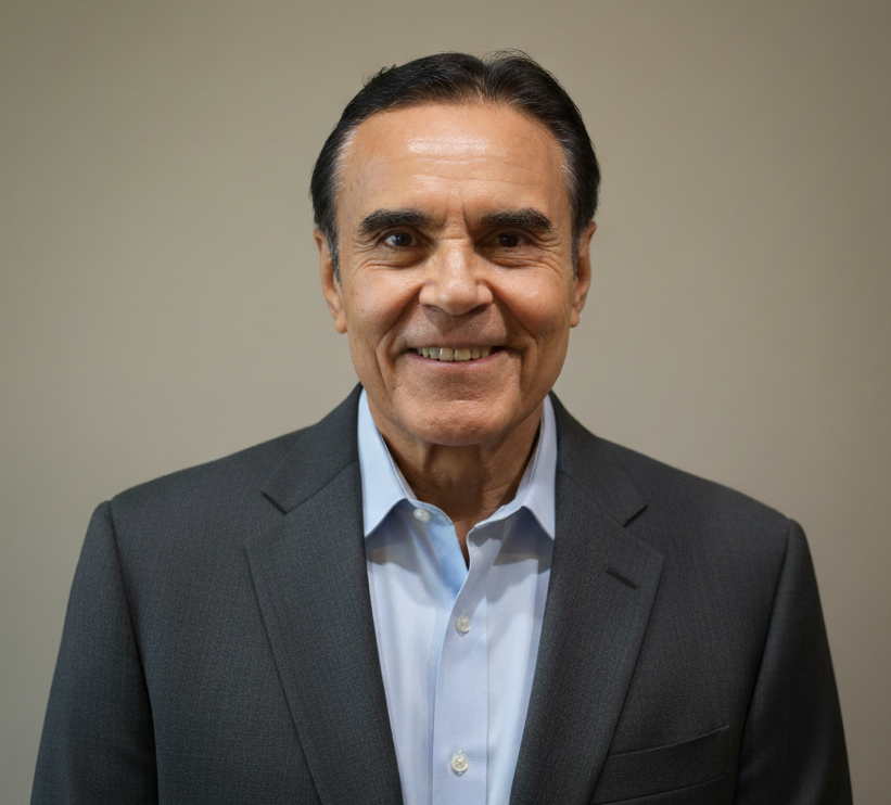 Portrait of a smiling middle-aged man in a dark suit and light blue shirt, standing against a neutral background.