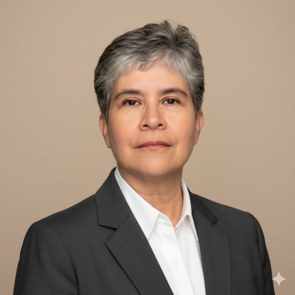 Portrait of a professional woman with short gray hair, wearing a black blazer and white collared shirt, against a beige background.