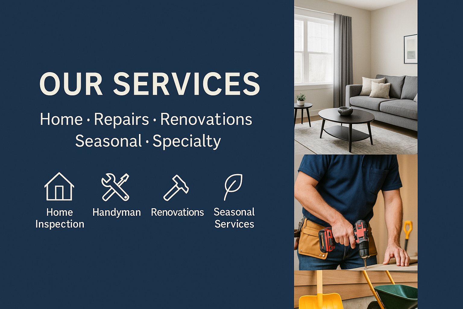 A flyer advertising home improvement services, including a photo of a living room and a handyman at work, with icons for home inspection, handyman, renovations, and seasonal services.