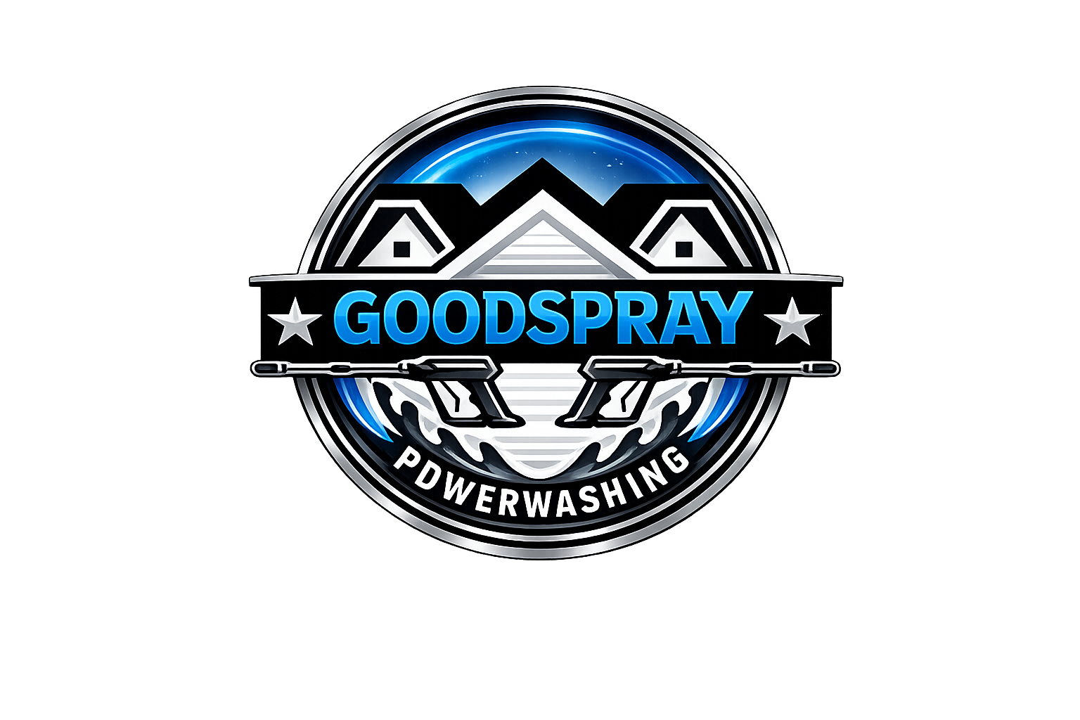 Logo for GoodSpray Powerwashing featuring a circular design with mountains, a house, and spray guns, with the text 'GoodSpray' in blue and 'Powerwashing' in white, against a dark background.