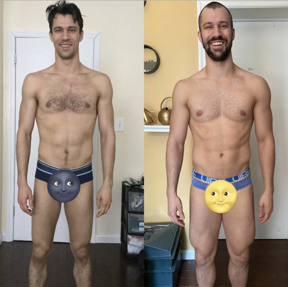 Comparison photo of a man before and after a physical transformation. The man is standing in similar poses in both images, smiling, with a moon emoji covering his groin area. In the left image, his body shows less muscle tone, and in the right image, he appears more muscular and defined.