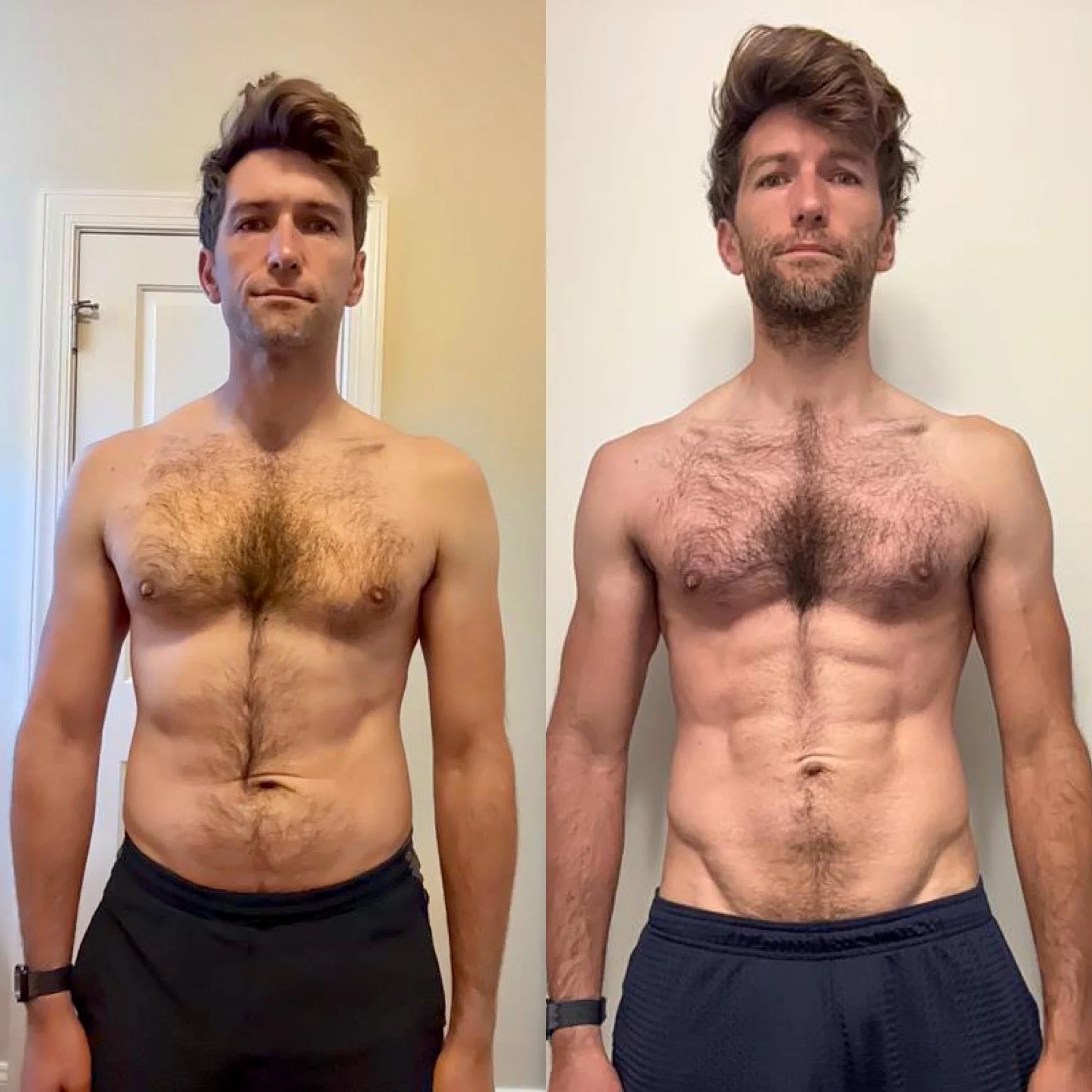 Two shirtless men with similar hairstyles posing indoors against white backgrounds. The man on the left is wearing black shorts, while the man on the right is wearing dark blue shorts.