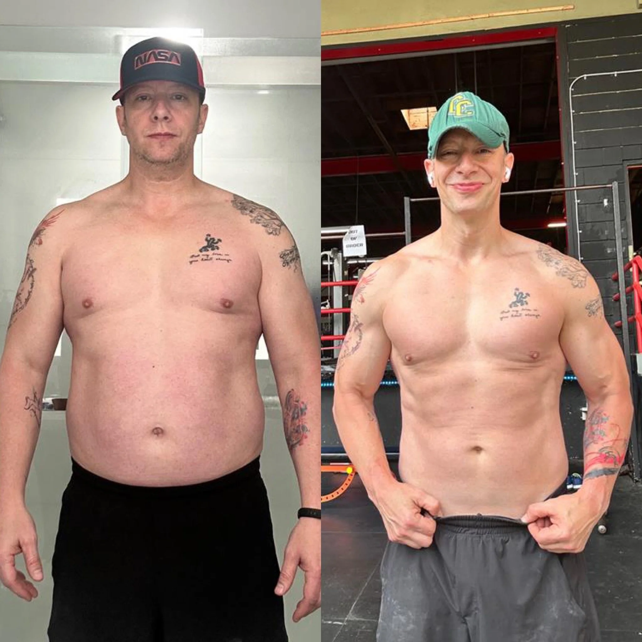 Side-by-side comparison of two shirtless men with tattoos, wearing baseball caps, standing in different locations. The man on the left has tattoos on his left shoulder and chest, wears a black cap with a red NASA logo, and has a neutral expression. The man on the right has tattoos on his right shoulder and arm, wears a green cap with yellow lettering, and is smiling slightly.