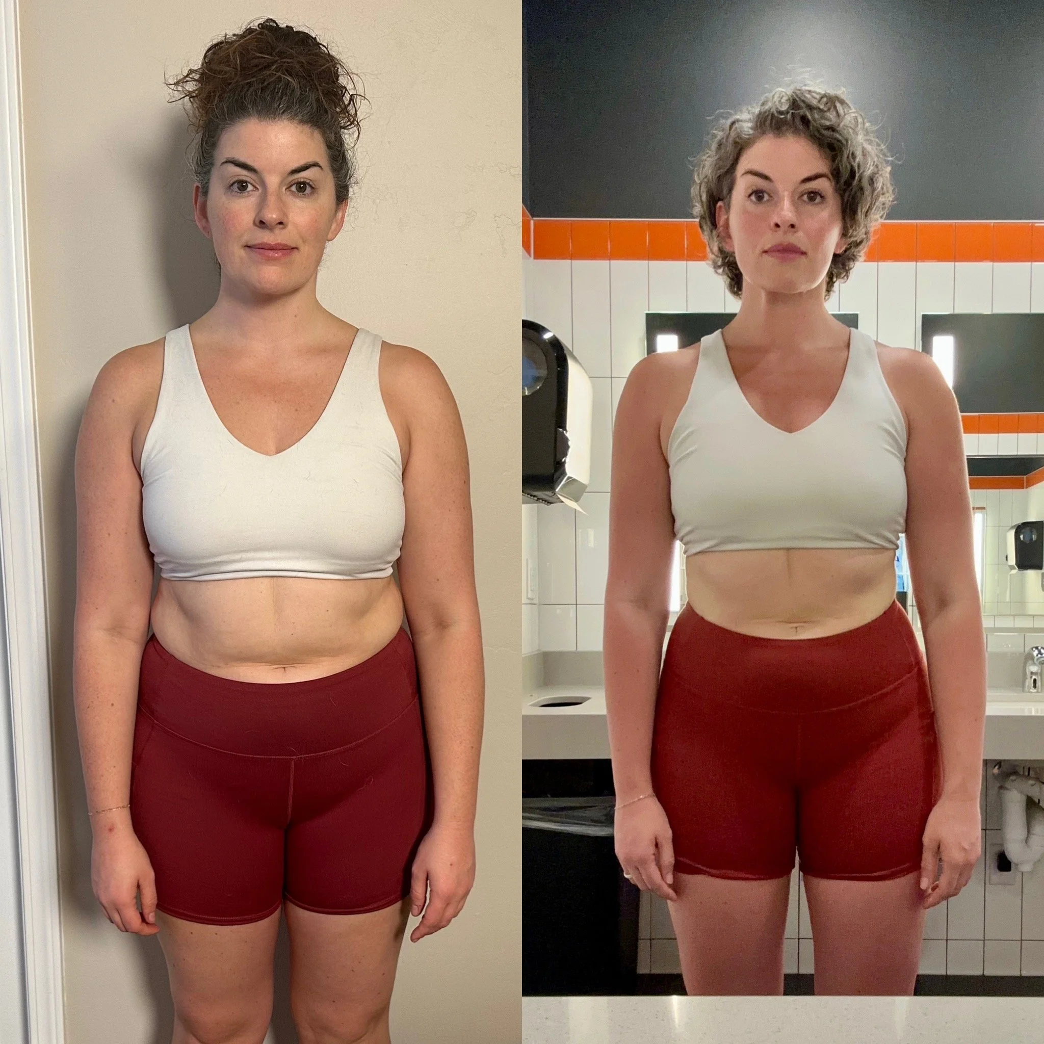 A side-by-side comparison of a woman before and after a change in her hairstyle. On the left, she has dark brown, curly hair pulled up in a messy bun. On the right, she has shorter, gray curly hair. She is wearing a white sleeveless top and maroon shorts in both images.