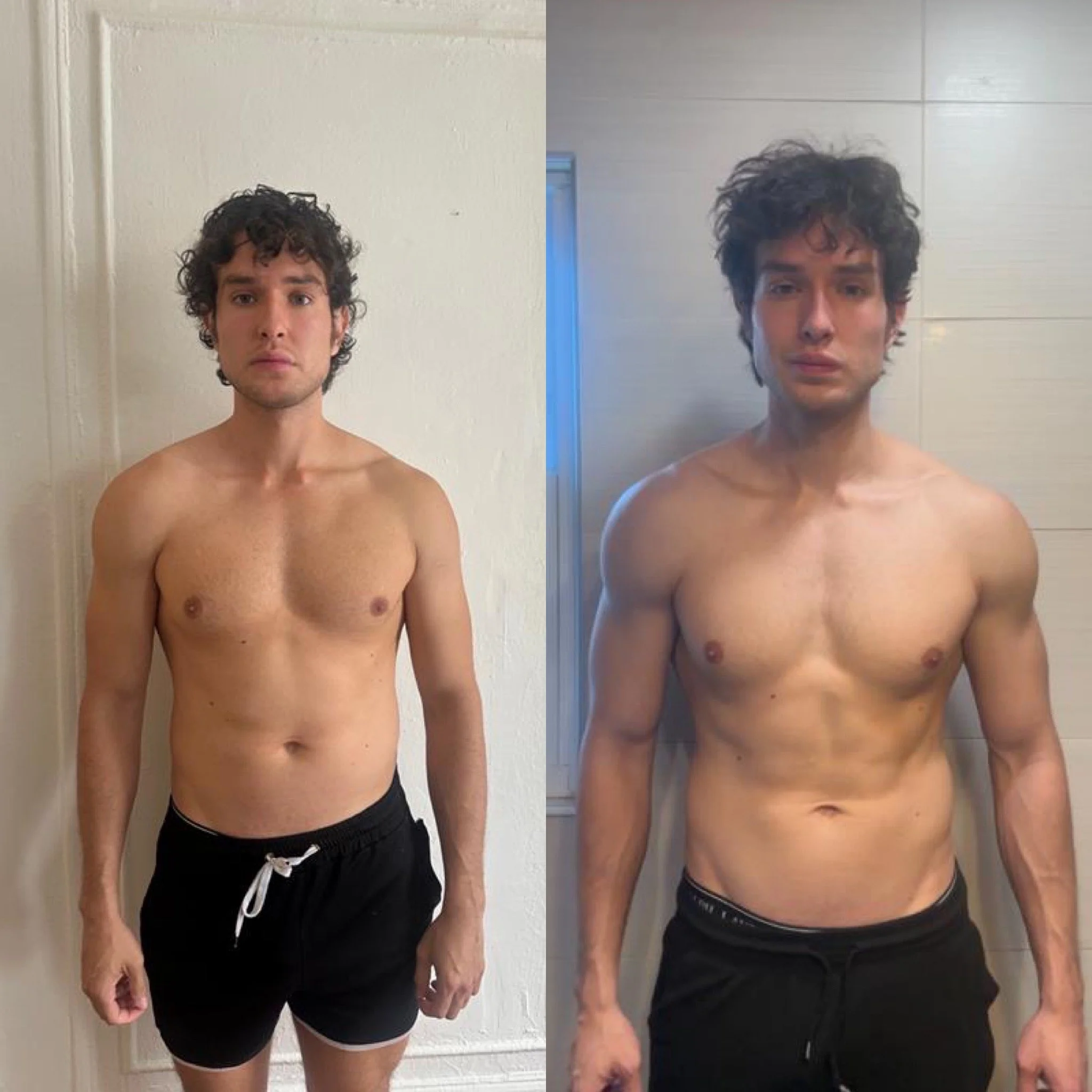 Side-by-side comparison of a shirtless young man with curly hair, wearing black swim shorts with a white drawstring, standing against the wall in a bathroom. The left image shows him with fair skin, while the right image features him with a darker tan or skin tone. The background includes a white wall and a doorframe with a small portion of the bathroom window visible.