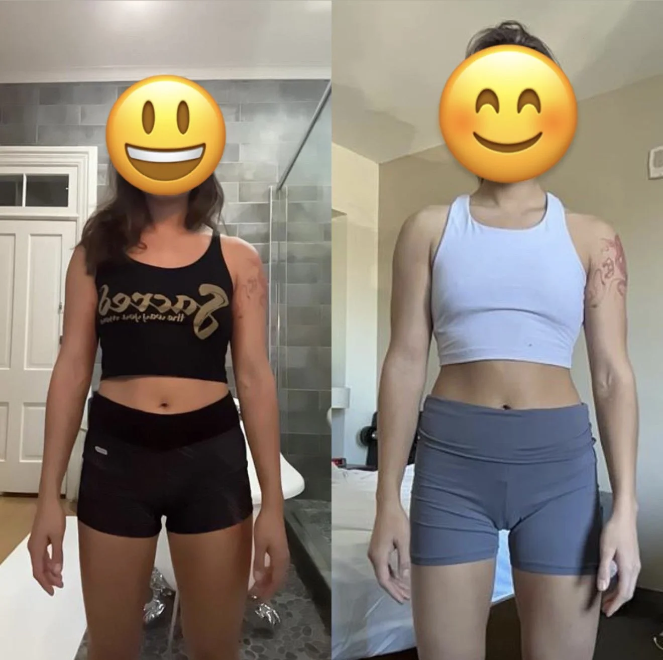 Side-by-side images of a woman in workout attire, showing physical transformation. The left image shows her in a black tank top and shorts, the right in a white crop top and gray shorts.
