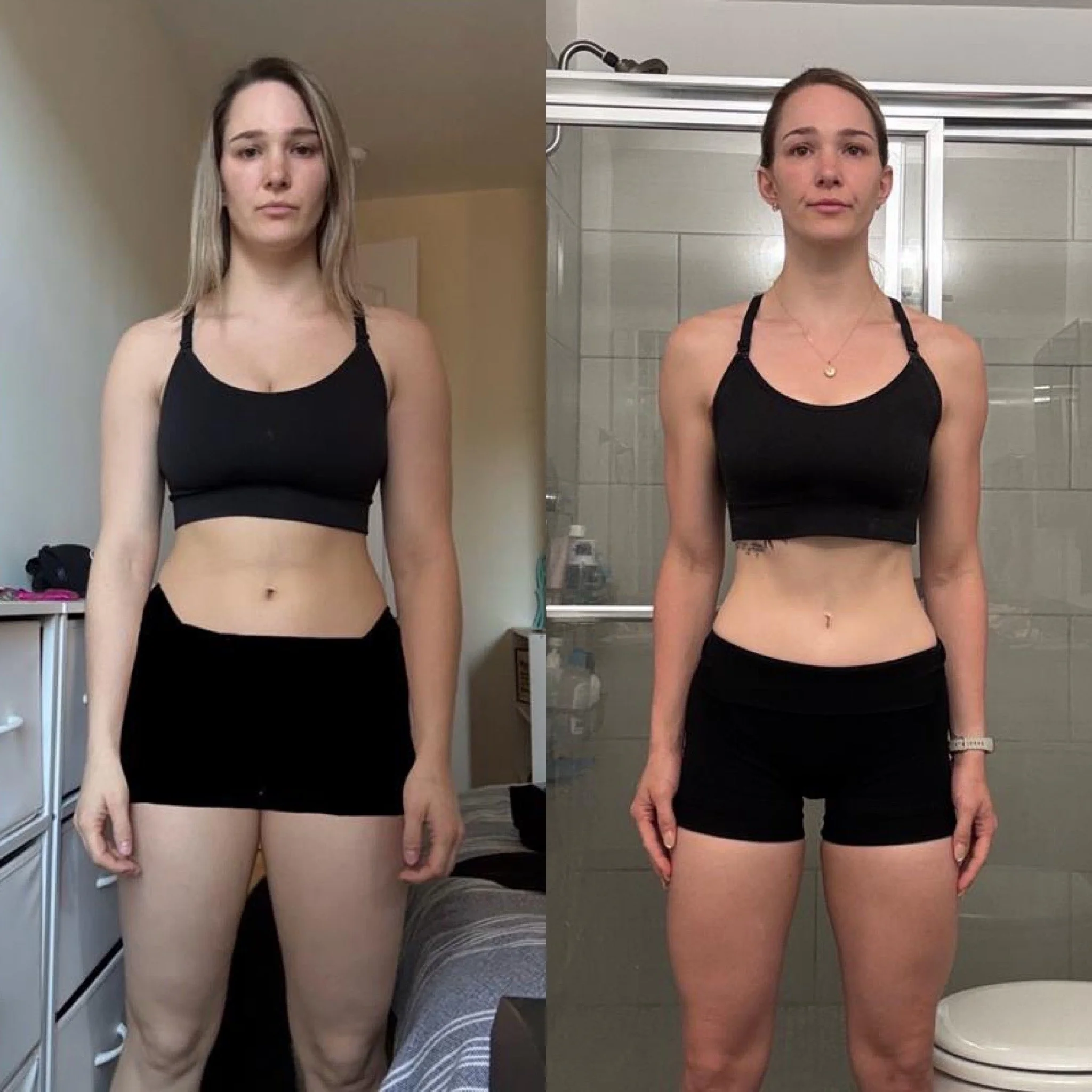 Side-by-side photos of the same woman with different hair colors, wearing a black sports bra and black shorts, standing in bathroom settings.