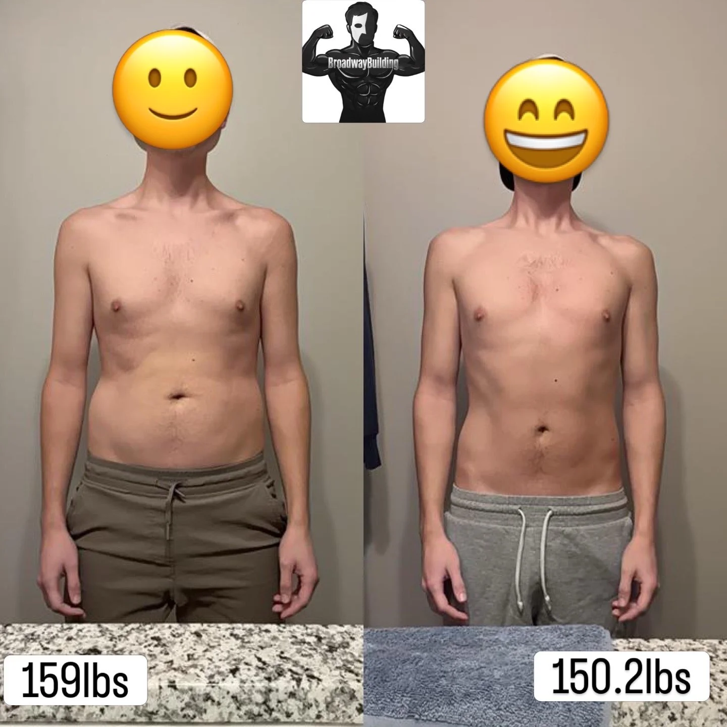 Side-by-side comparison of a shirtless man before and after weight loss, showing reduction from 159 pounds to 150.2 pounds, with emojis covering his face. The left image shows him at 159 lbs, wearing brown shorts, and the right at 150.2 lbs, wearing gray shorts, with a woman on the right and a graph in the background.