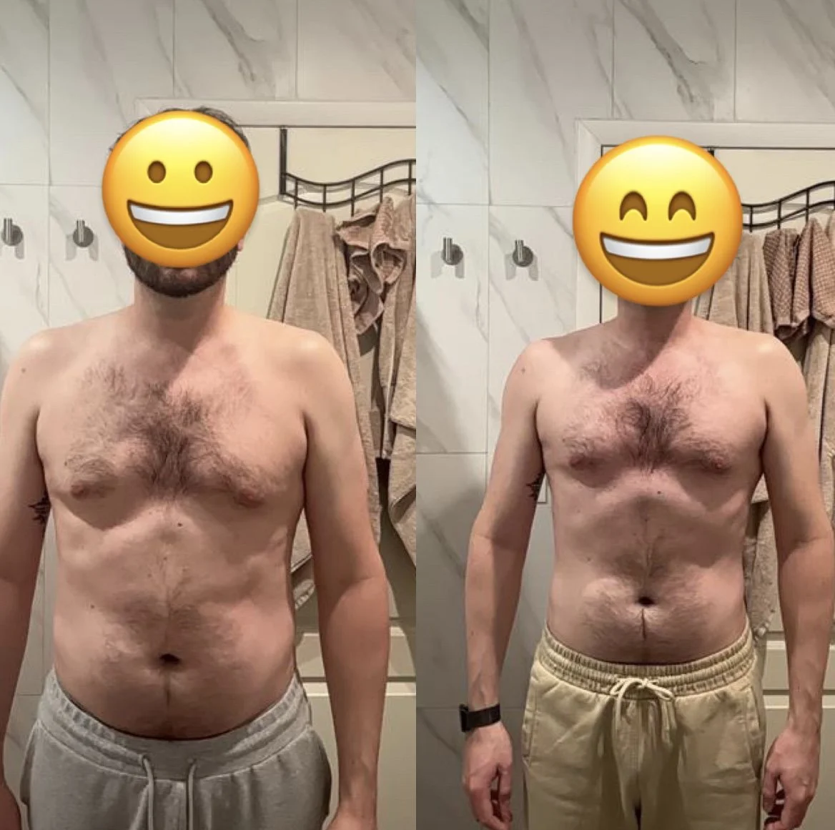 Side-by-side comparison of a shirtless man with emoji faces covering his face, showing before and after weight loss. In the before photo, he has more body fat, and in the after photo, he appears leaner with more muscle definition.