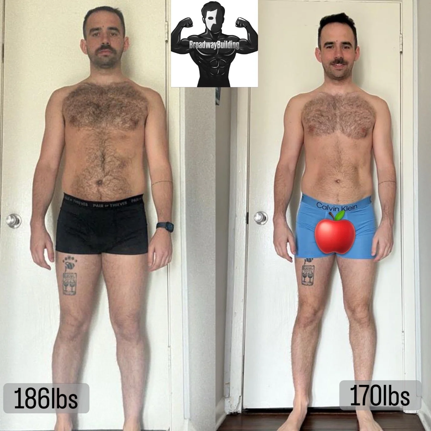 Comparison of a man before and after weight loss, showing a reduction from 186 pounds to 170 pounds, standing in front of a door in underwear with a tattoo on his left thigh.