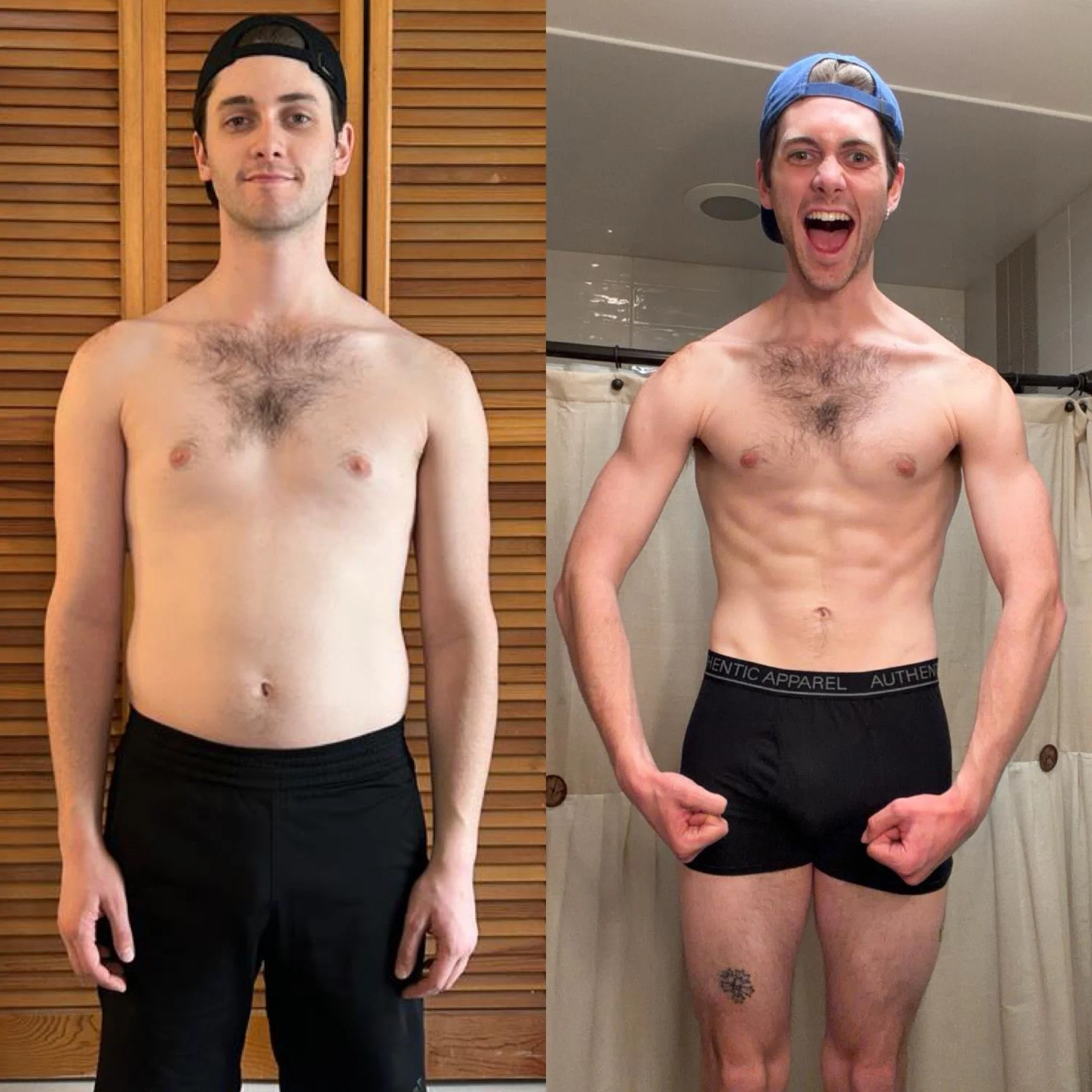 A side-by-side comparison of two shirtless men wearing baseball caps, standing indoors. The man on the left has dark hair, a slight smile, and is standing in front of a wood-paneled background. The man on the right has dark hair, an open-mouthed smile, and is standing in front of a bathroom or kitchen setting with white tile and some fixtures.