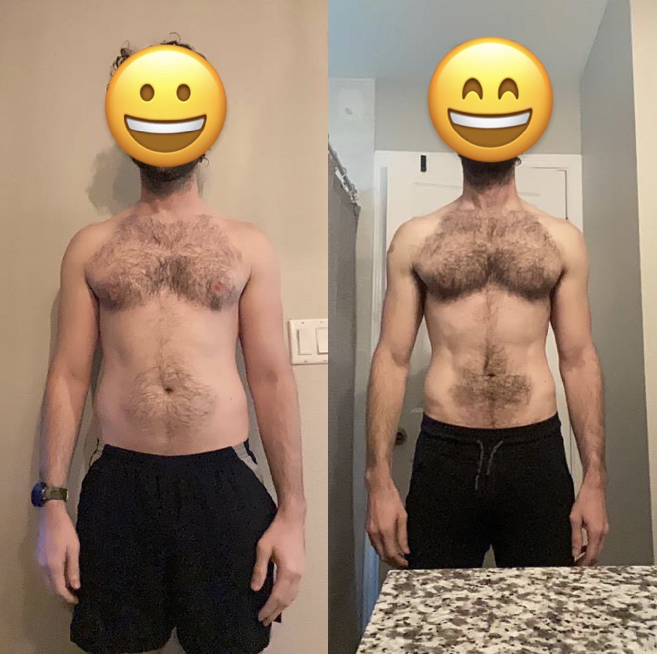 Before and after photos of a shirtless man showing weight loss progress, with a smiley face emoji covering his face in both images.