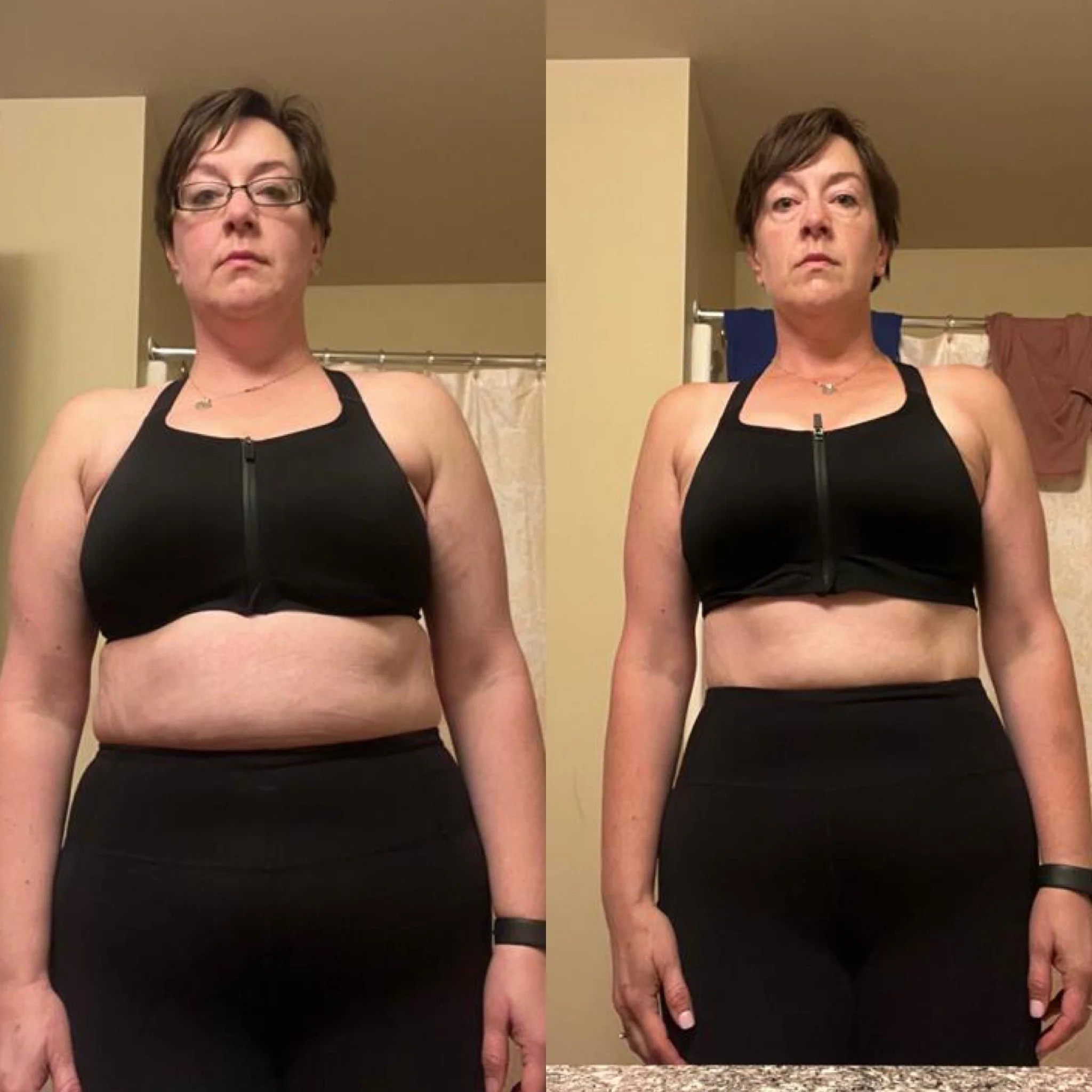 Side-by-side comparison of a woman in a black sports bra, showing her before and after a makeover in a bathroom mirror.