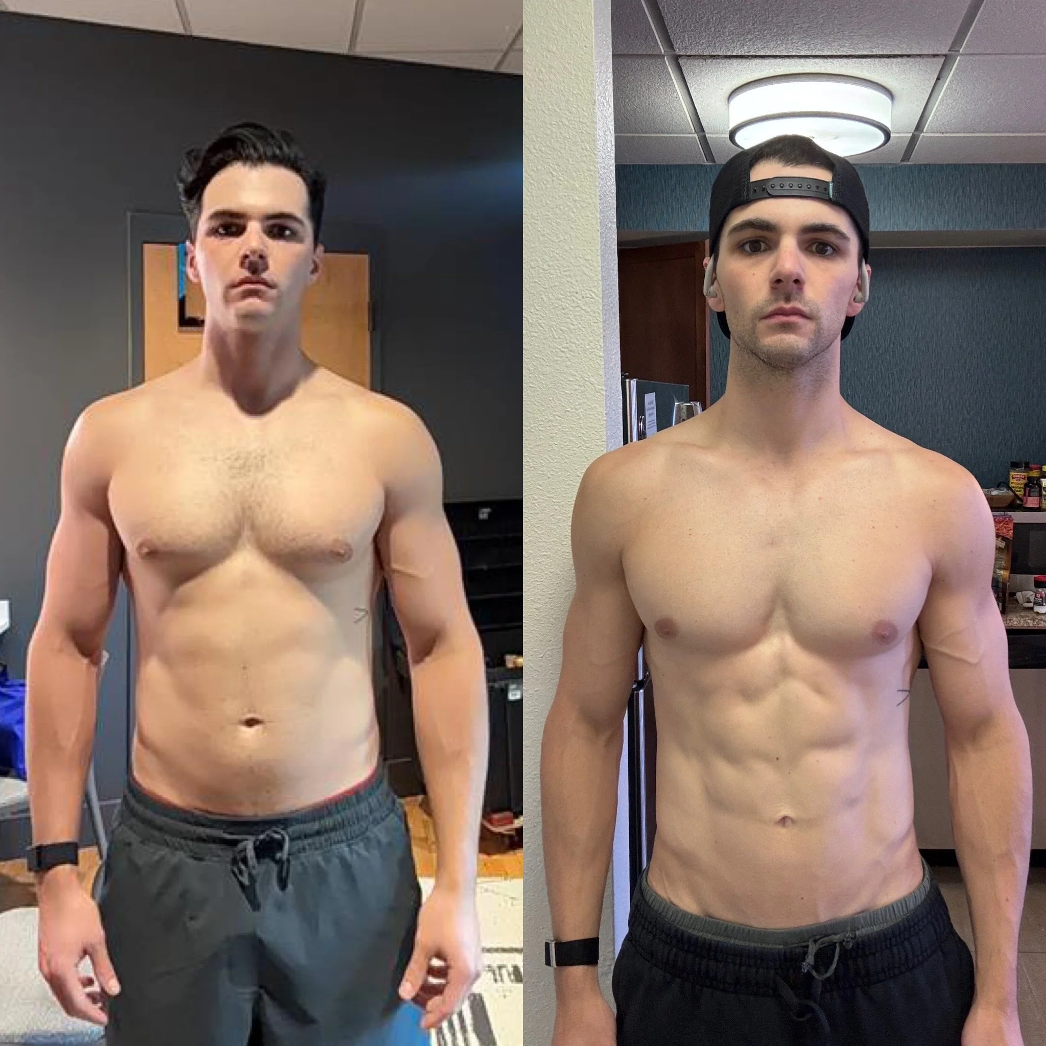A split-screen image showing a shirtless young man with short dark hair in athletic shorts on the right, and a person with long dark hair in a ponytail with their face not shown on the left. The background includes indoor settings with walls and ceiling tiles, and the person on the right is wearing a black cap backward.