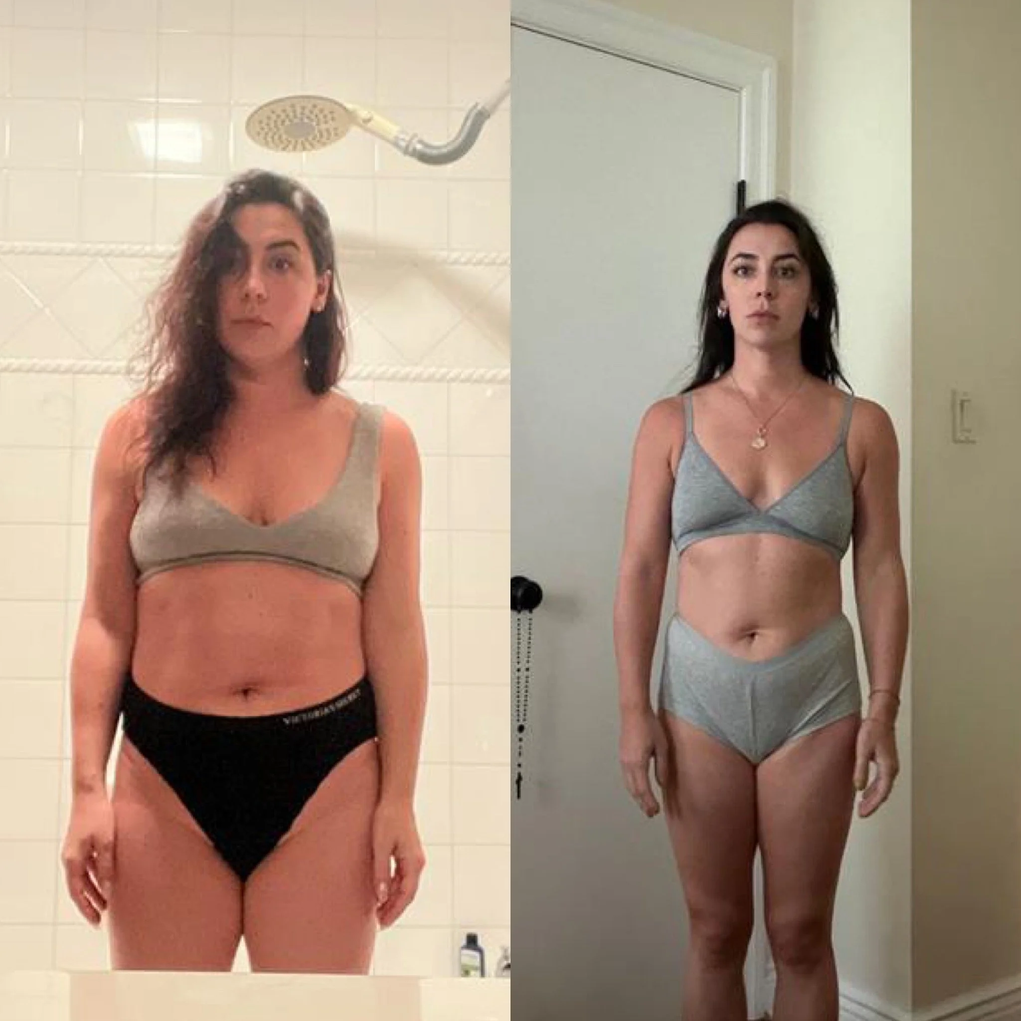 Side-by-side comparison of a woman with dark hair in a bathroom. The left side shows her in a shower with white tile walls, wearing a beige top and black underwear, with her hair wet and a showerhead above her. The right side shows her in a different room, wearing a gray camisole, standing next to a door with a mirror behind her, her hair still wet.