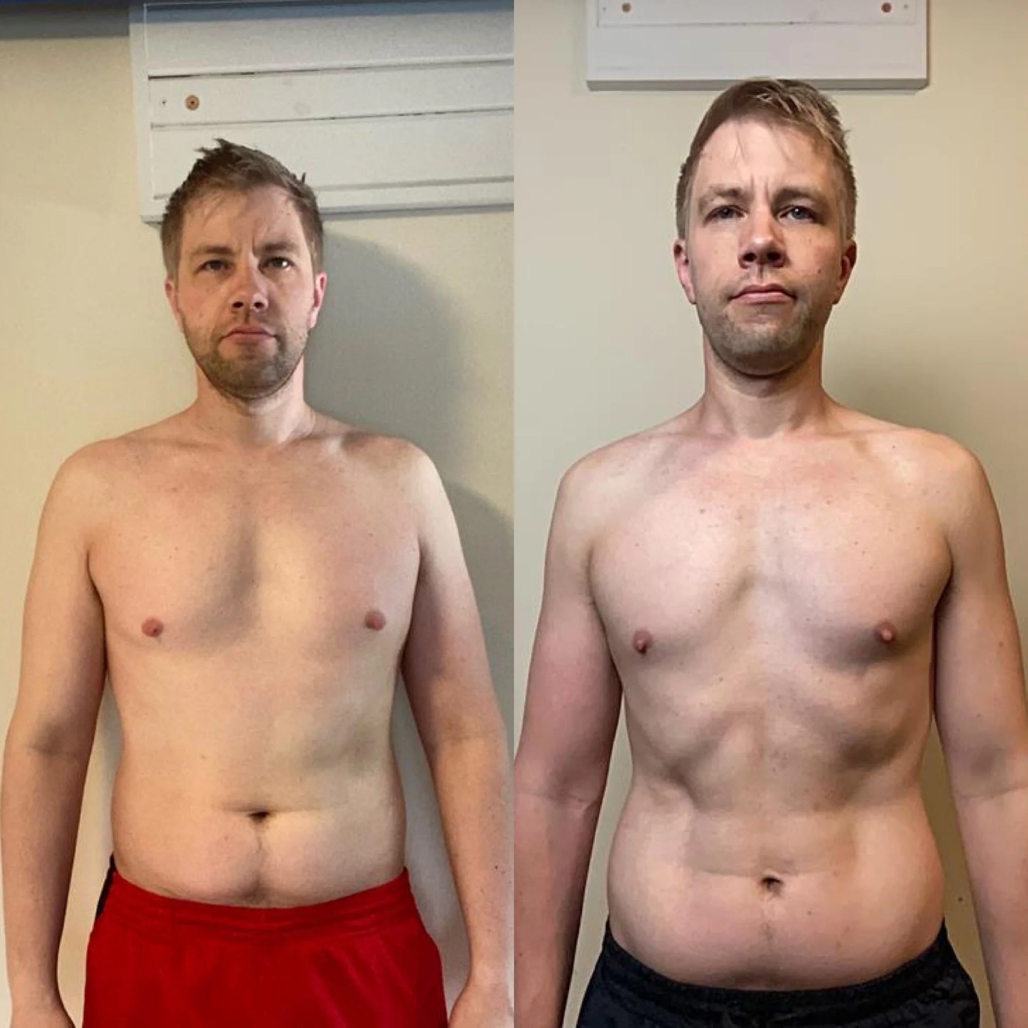 A side-by-side comparison of a man with short, messy brown hair, light skin, shirtless, wearing red shorts in the left image, and the same man with a different hairstyle, clean-shaven face, still shirtless but wearing black shorts in the right image, standing against a plain light-colored wall.
