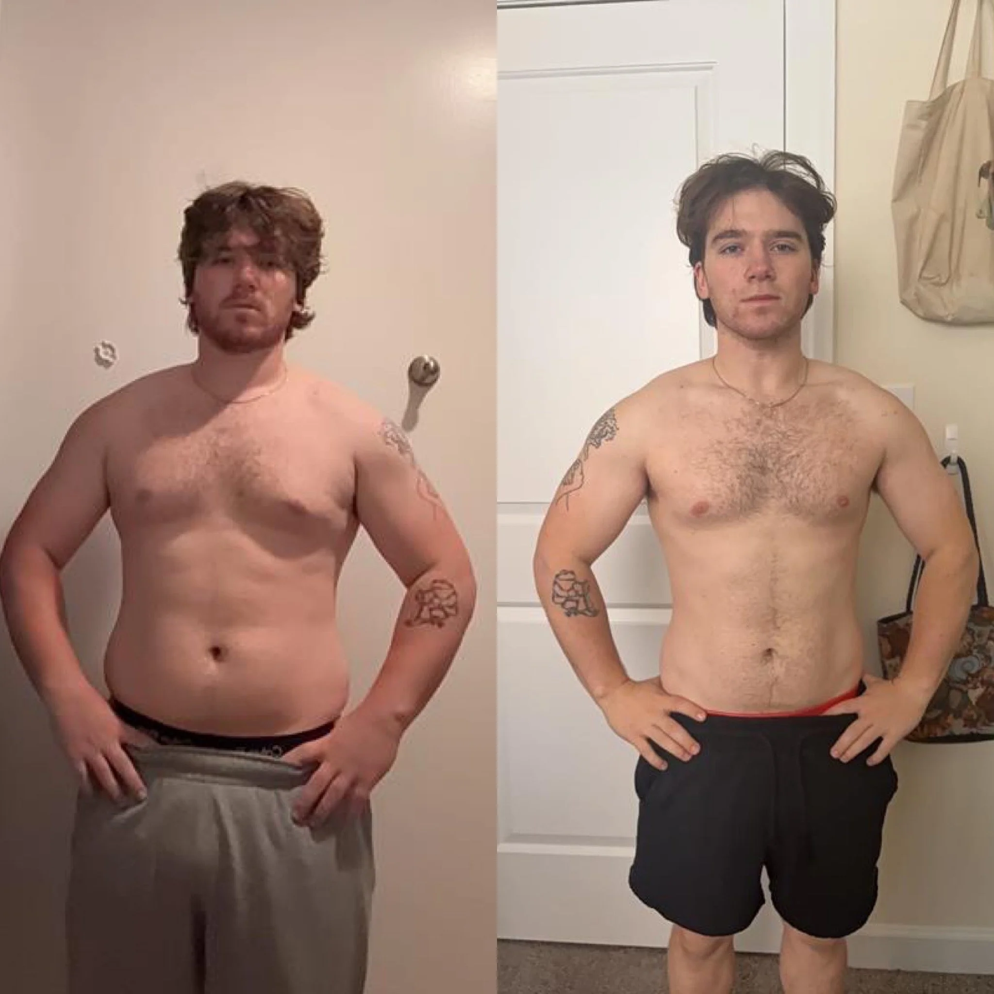 Side-by-side photos of two young men without shirts, standing in front of plain backgrounds. The man on the left has curly brown hair and a beard, wearing gray sweatpants. The man on the right has short dark curly hair, appears clean-shaven, and is wearing black shorts.