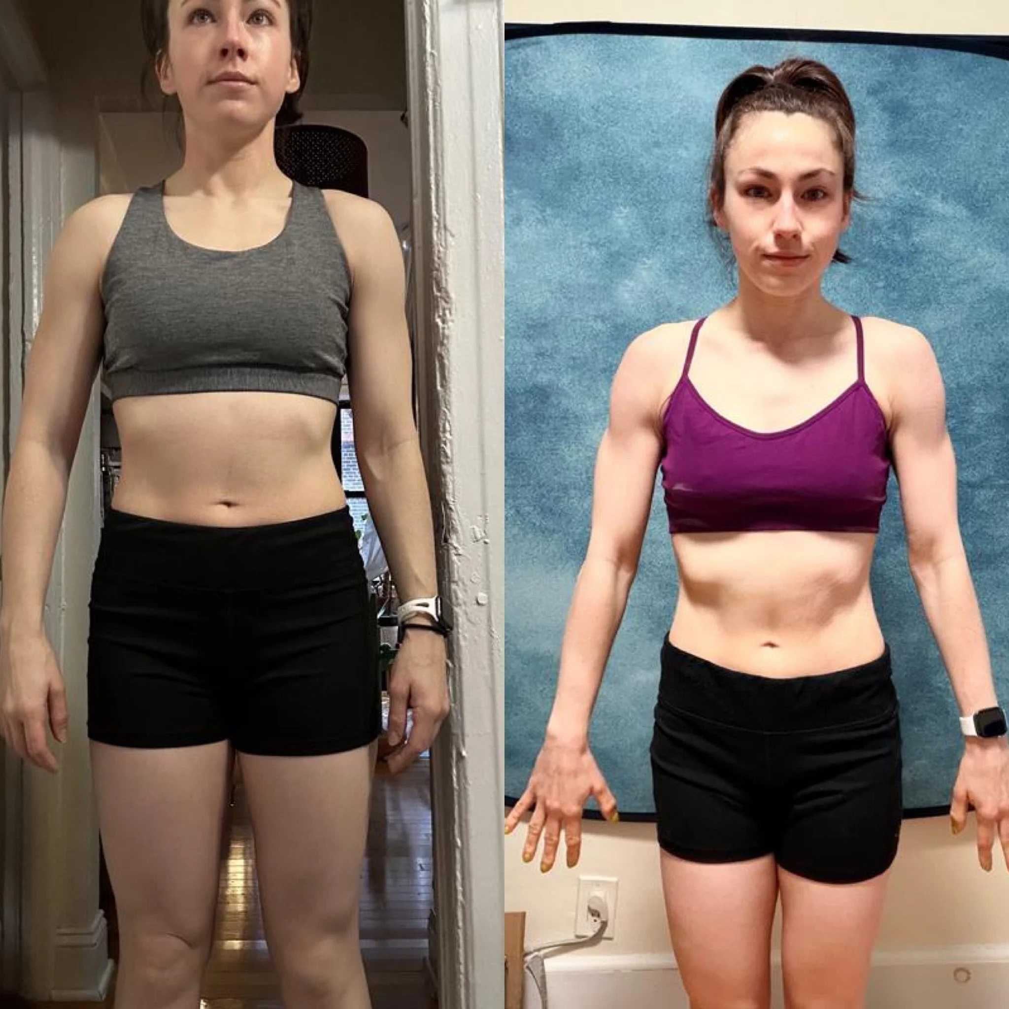 Before and after photos of a woman showing physical fitness transformation, with one image on the left depicting her less toned and the second image on the right showing her more toned and muscular.