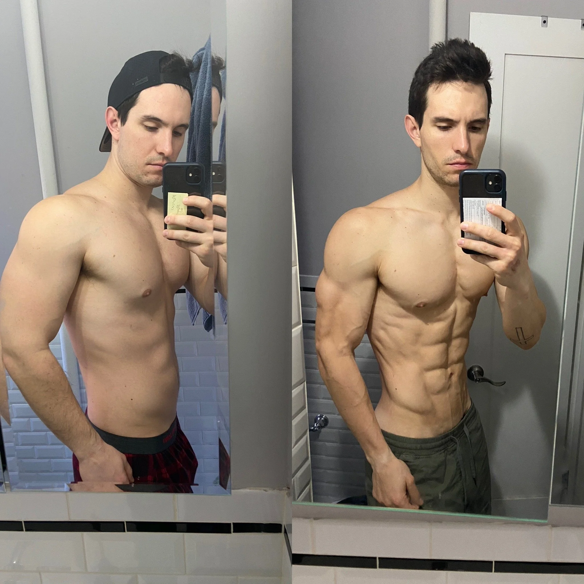 A shirtless man taking a mirror selfie in a bathroom, with a second partial image of himself with a cap on, in a different pose.