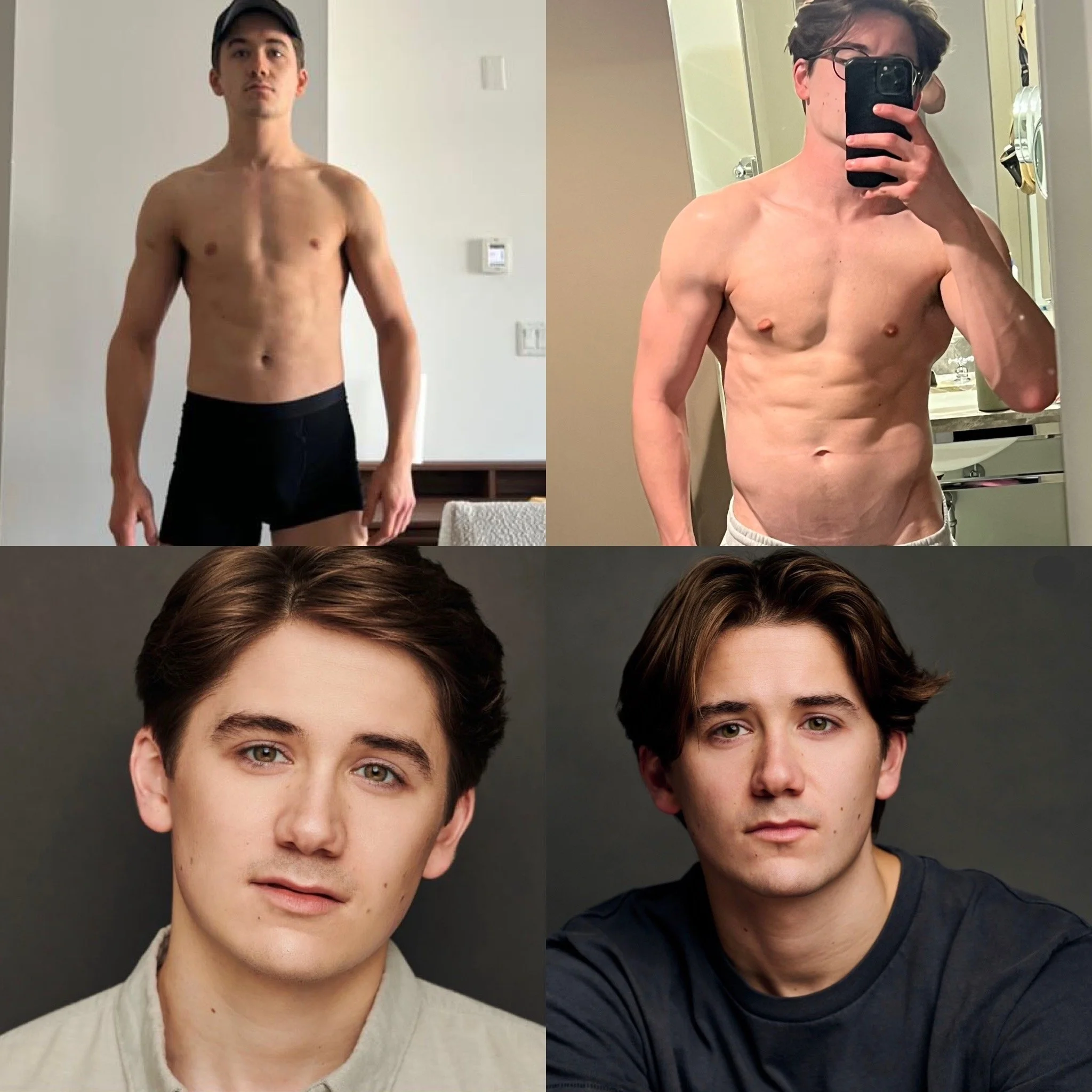Split-screen photo of two young men with light skin and dark hair. The man on the left is wearing a black cap and black shorts, standing against a plain wall. The man on the right is taking a mirror selfie with a smartphone, shirtless, standing in a bathroom with a mirror and toiletries visible in the background.