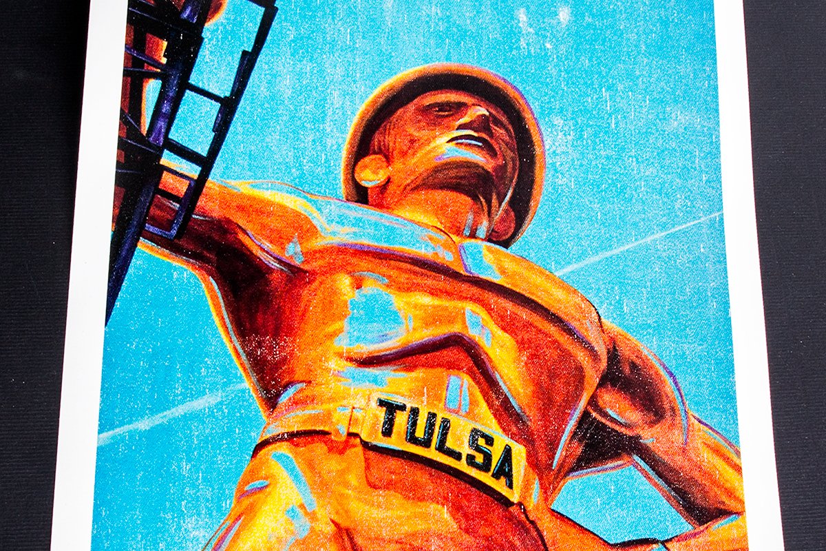 A colorful, stylized illustration of a football player in a Tulsa uniform, holding a football with a Falcon helmet on, looking upward against a bright blue sky.