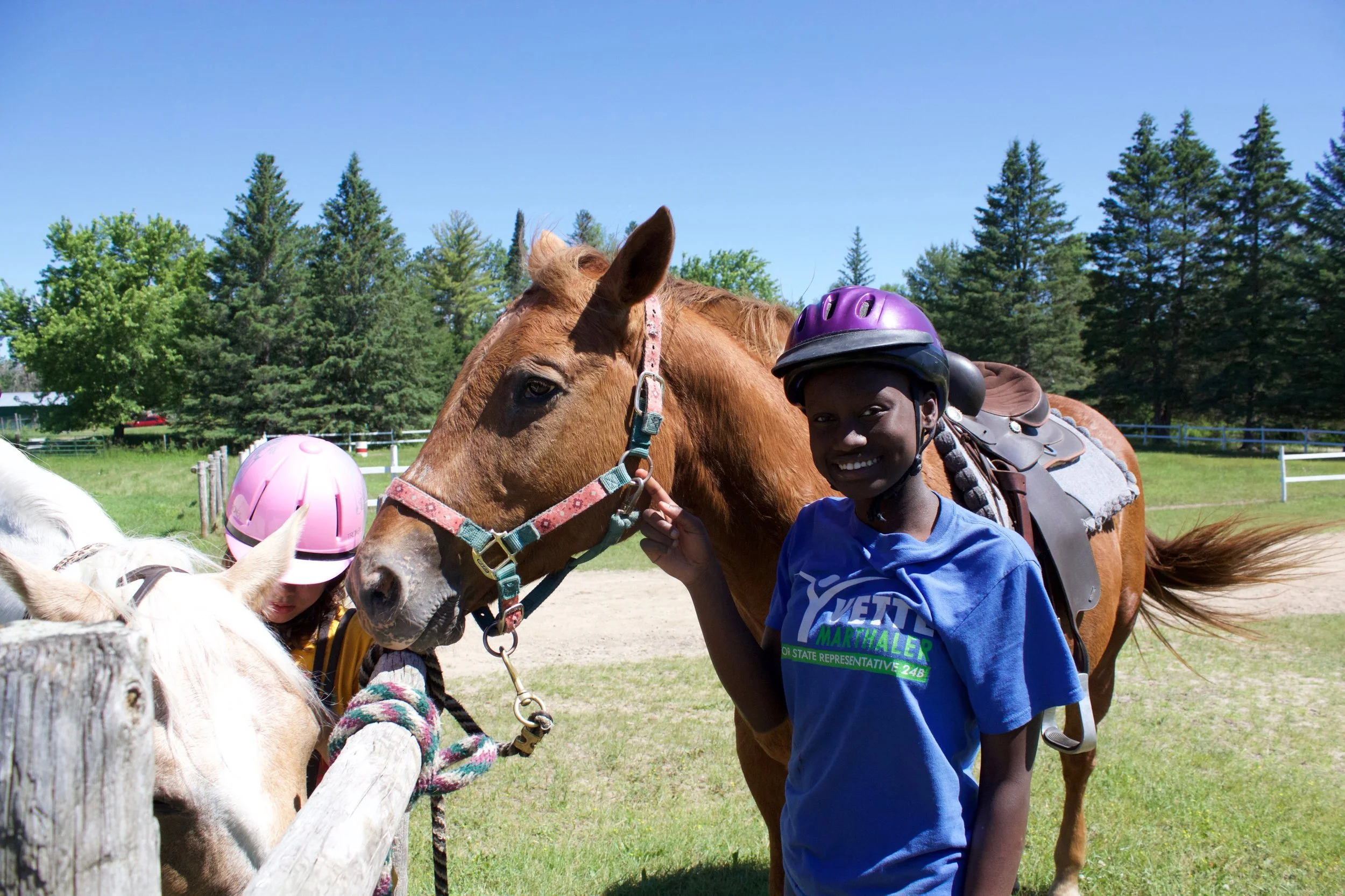 Girl standing with brown horse