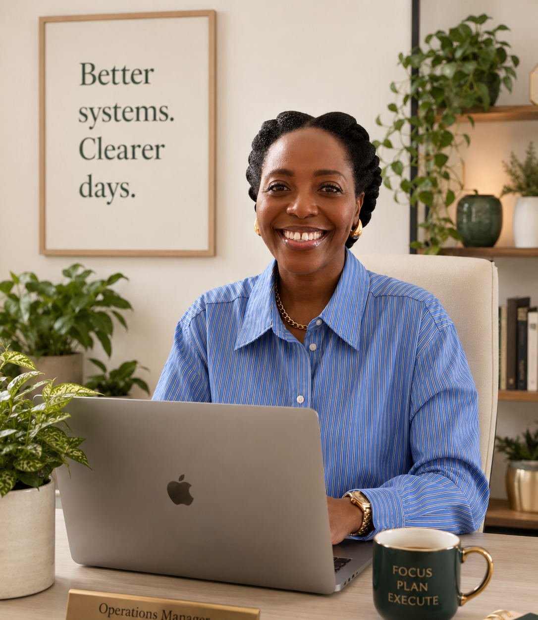 Image of Vashti Joseph sitting infront of a Macbook, with a coffee cup beside her and an image that says "better systems, clearer days" on the wall.